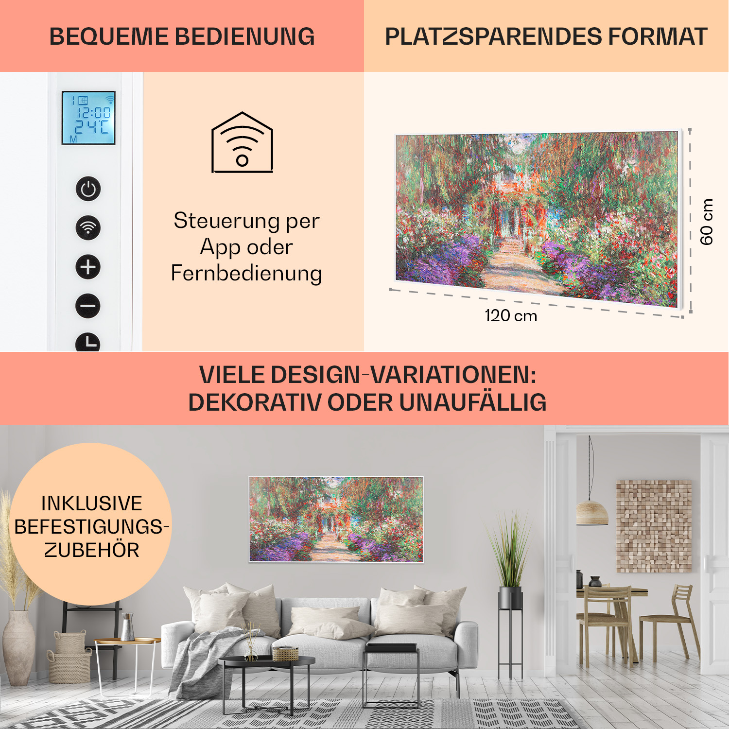 Wandkunst mit Digitalanzeige, Fernbedienung und verschiedenen Designoptionen.