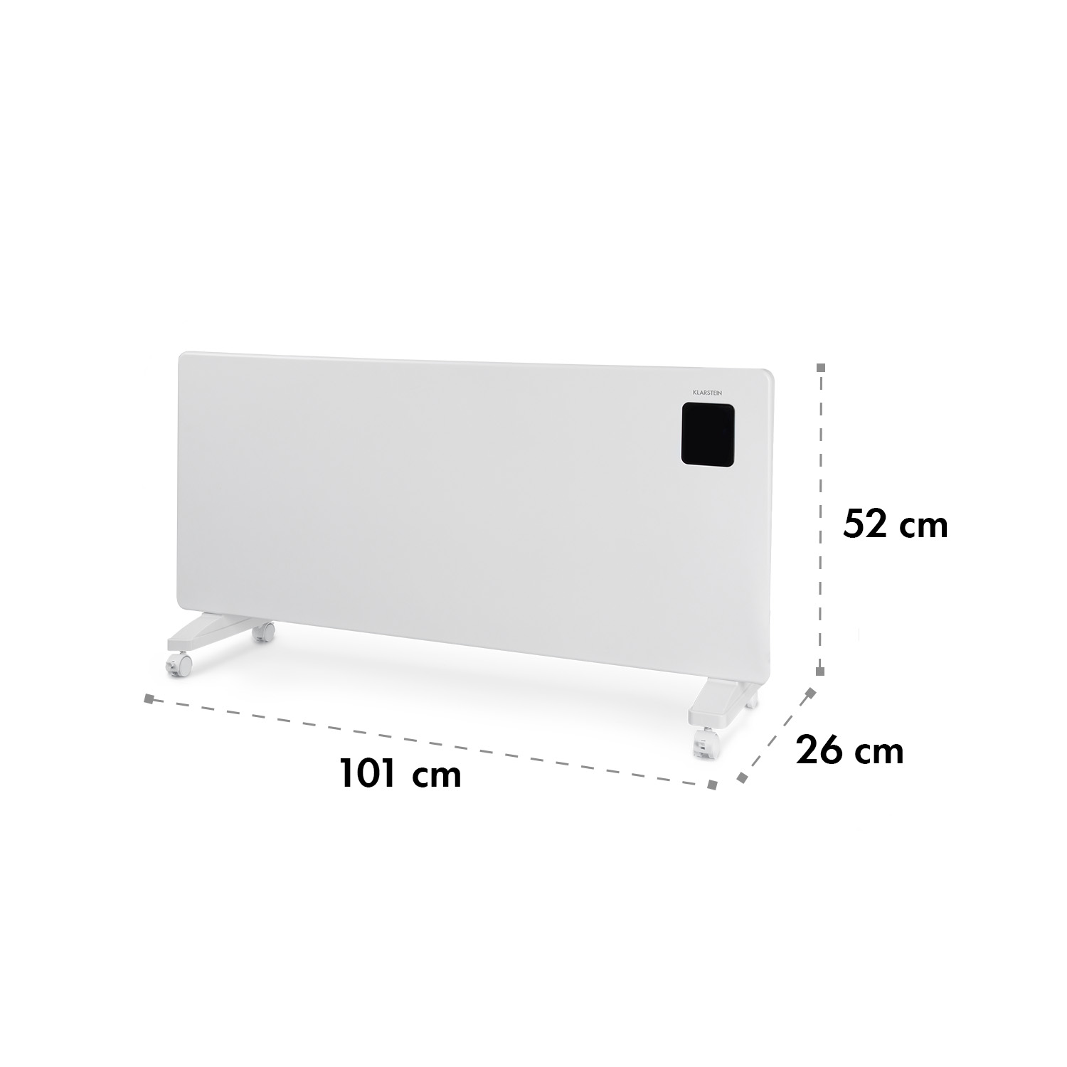 Un riscaldatore bianco su ruote, con dimensioni di 101x52x26 cm. Ha un pannello di controllo nero.