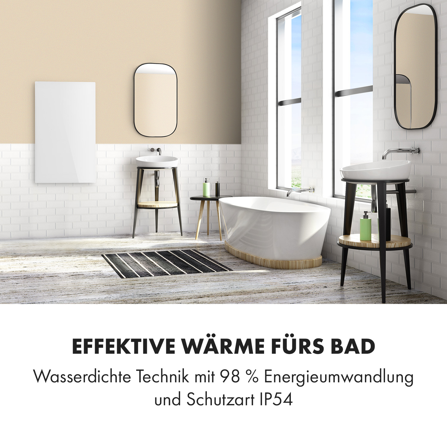 Badezimmer mit weißer Badewanne, Spiegeln und Wandheizung. Beige und Weiß dominieren.
