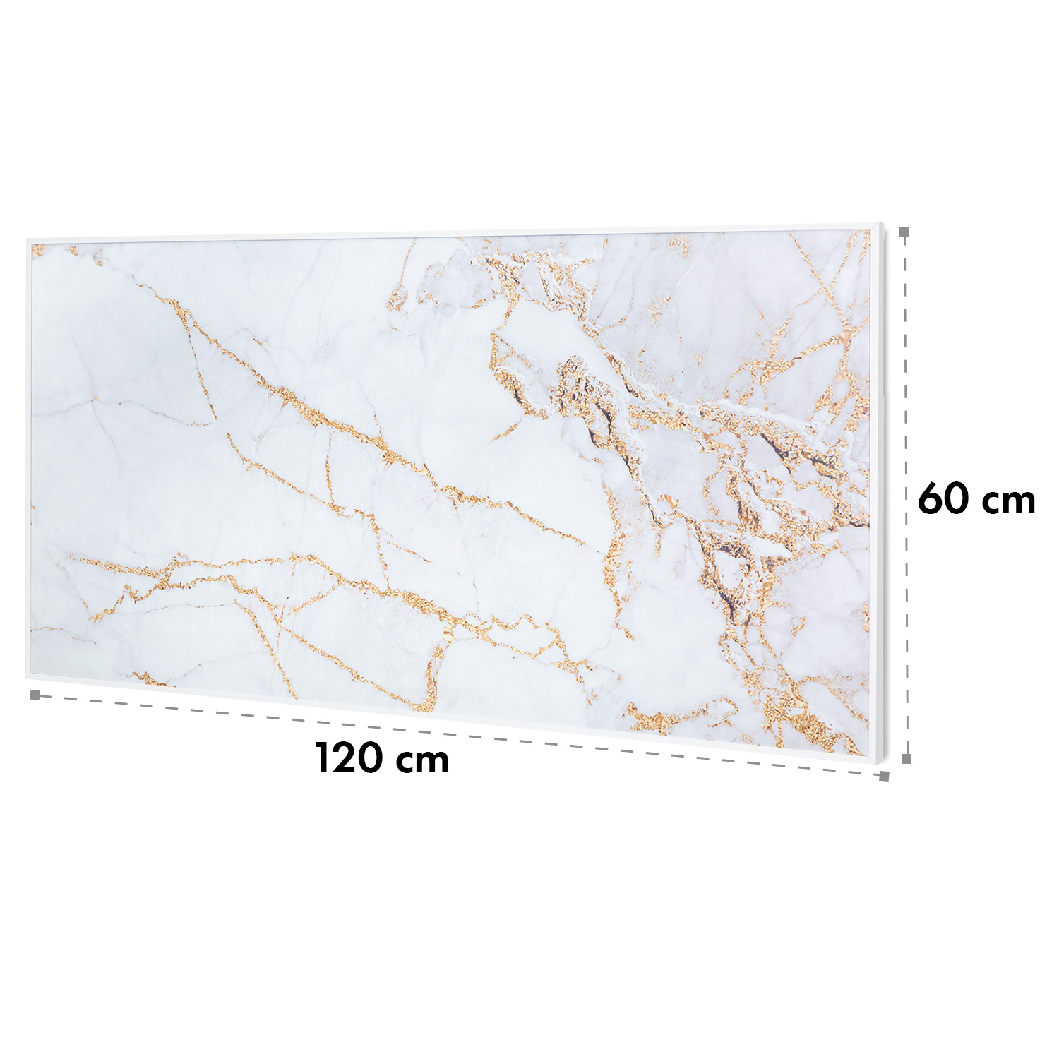 Marmor-Wandkunst. Die Kunst ist weiß mit goldenen Adern. Die Maße sind 120 cm breit und 60 cm hoch.