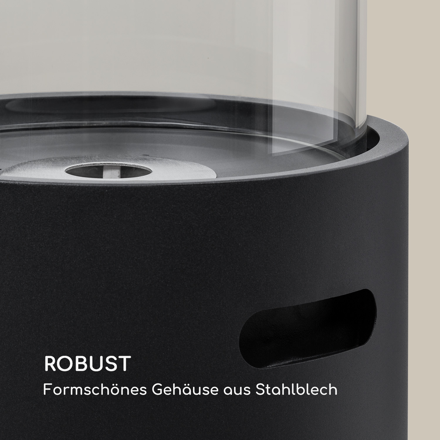 Primo piano di un oggetto nero, cilindrico con piano in vetro. Testo: 'Robusto' e 'acciaio'.