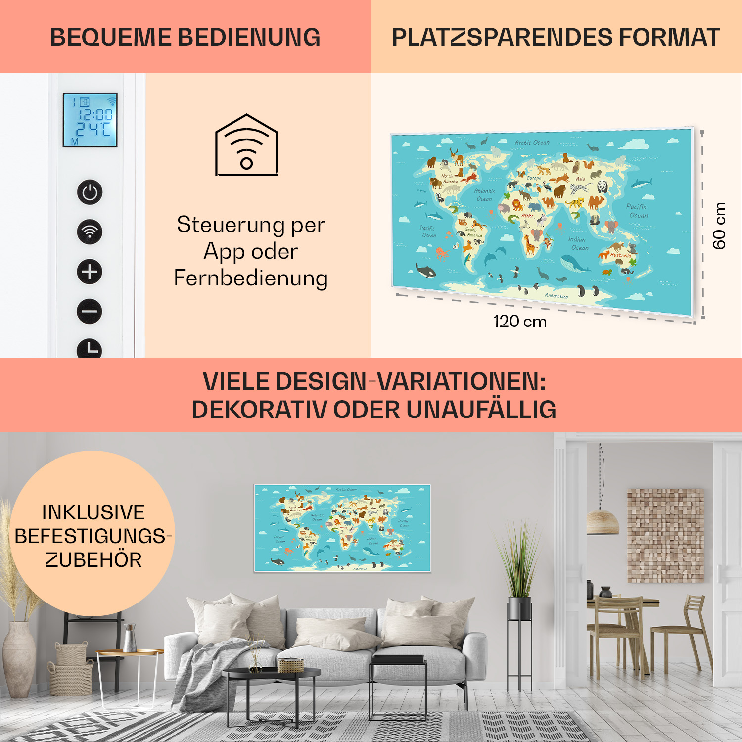 Ein Raum mit einer Wandkarte, einem Smart-Thermostat und einem Sofa mit Dekoration, mit einem Esstisch und Stühlen.