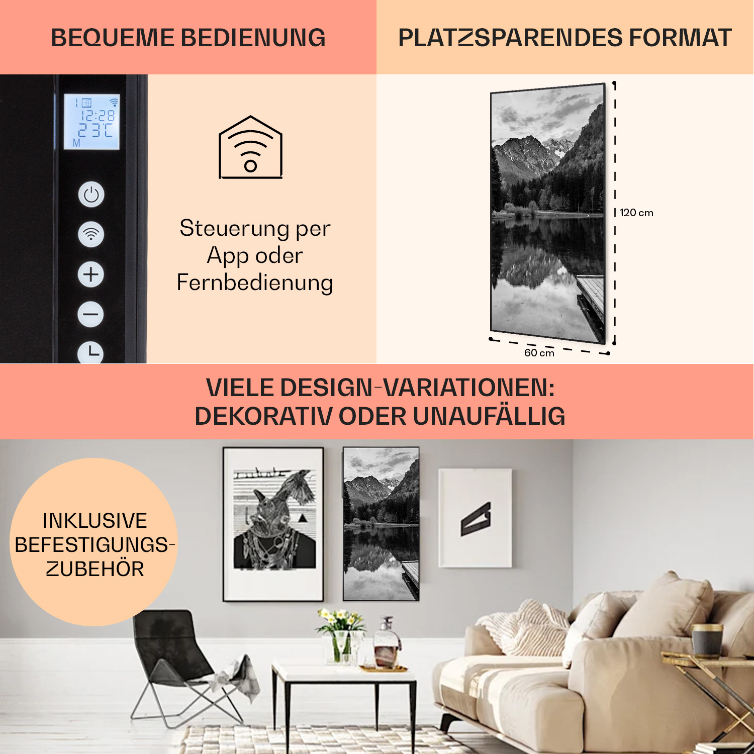 Weißes Heizpaneel mit Schwarz-Weiß-Kunst, mit Text zur App-Steuerung und Wohnzimmer.