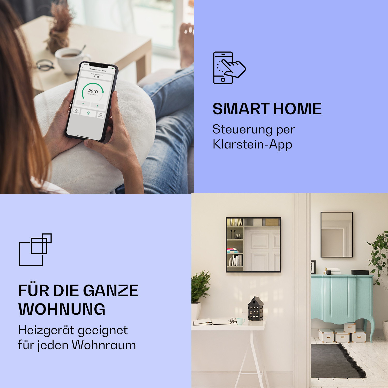 Eine moderne Smart Home-Szene mit einem Telefon, einem Spiegel und Text über die Steuerung per App.