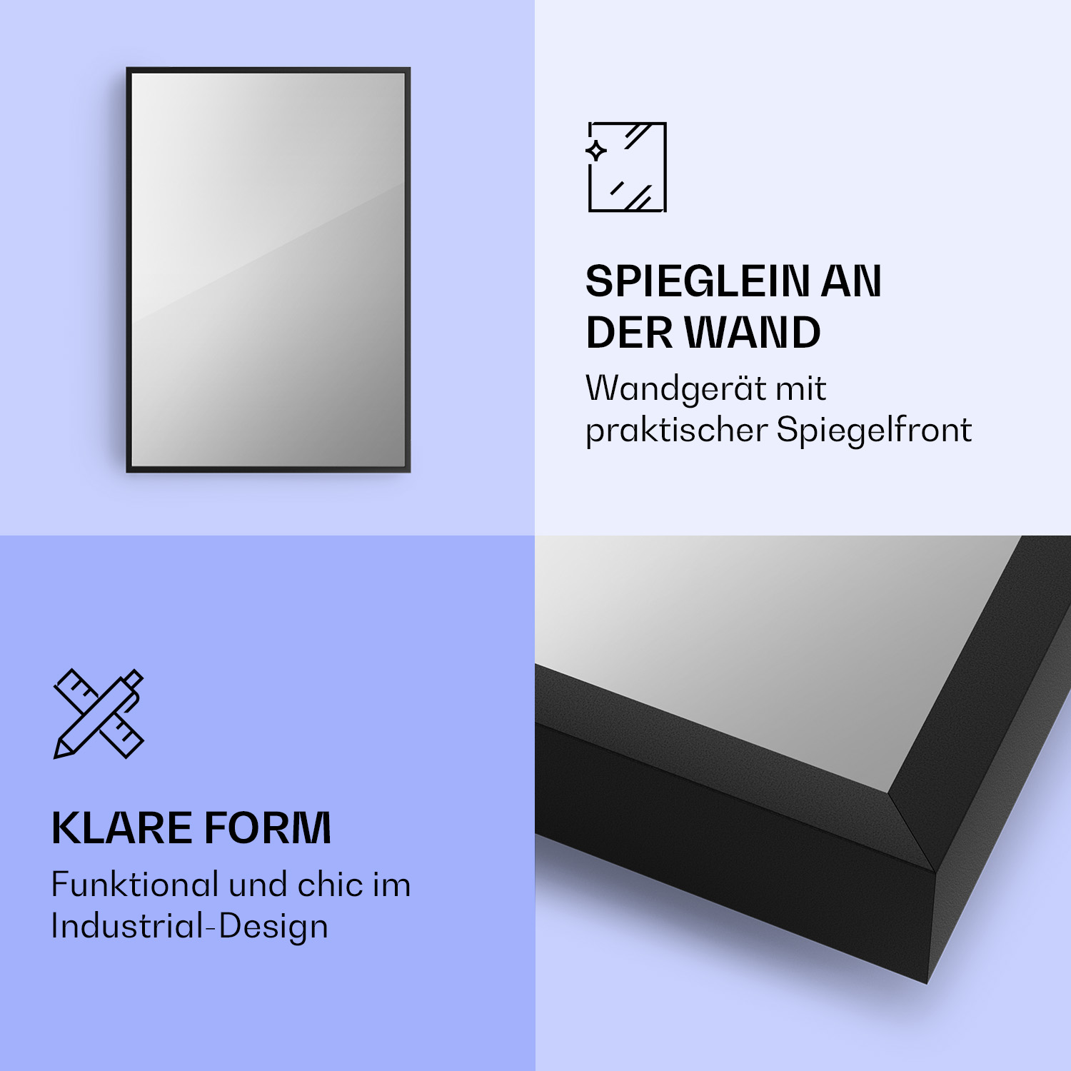 Das Bild zeigt einen schwarz gerahmten Spiegel mit schlankem Design.