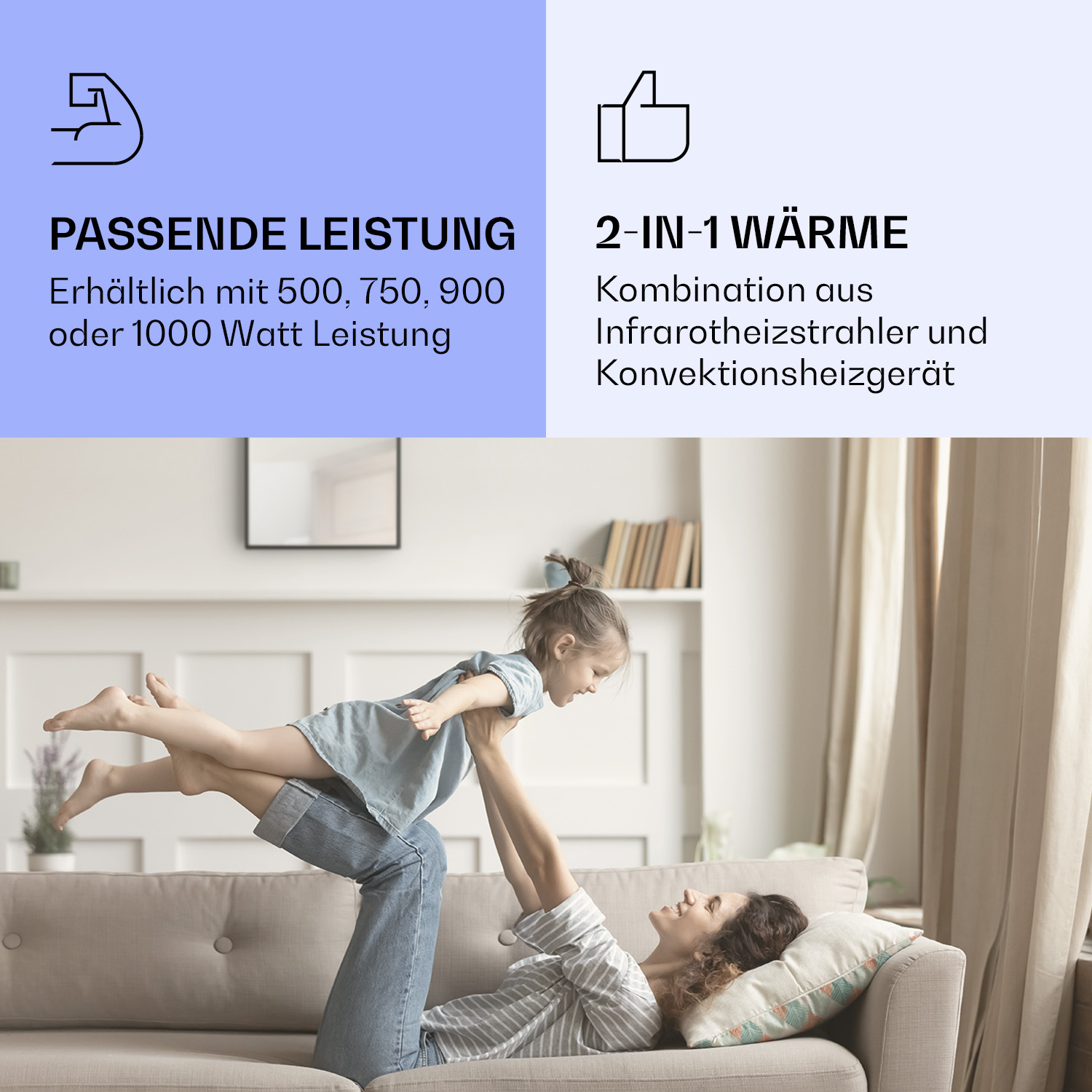 Eine Mutter und Tochter spielen auf einer Couch. Zeigt auch die Vorteile des Produkts.