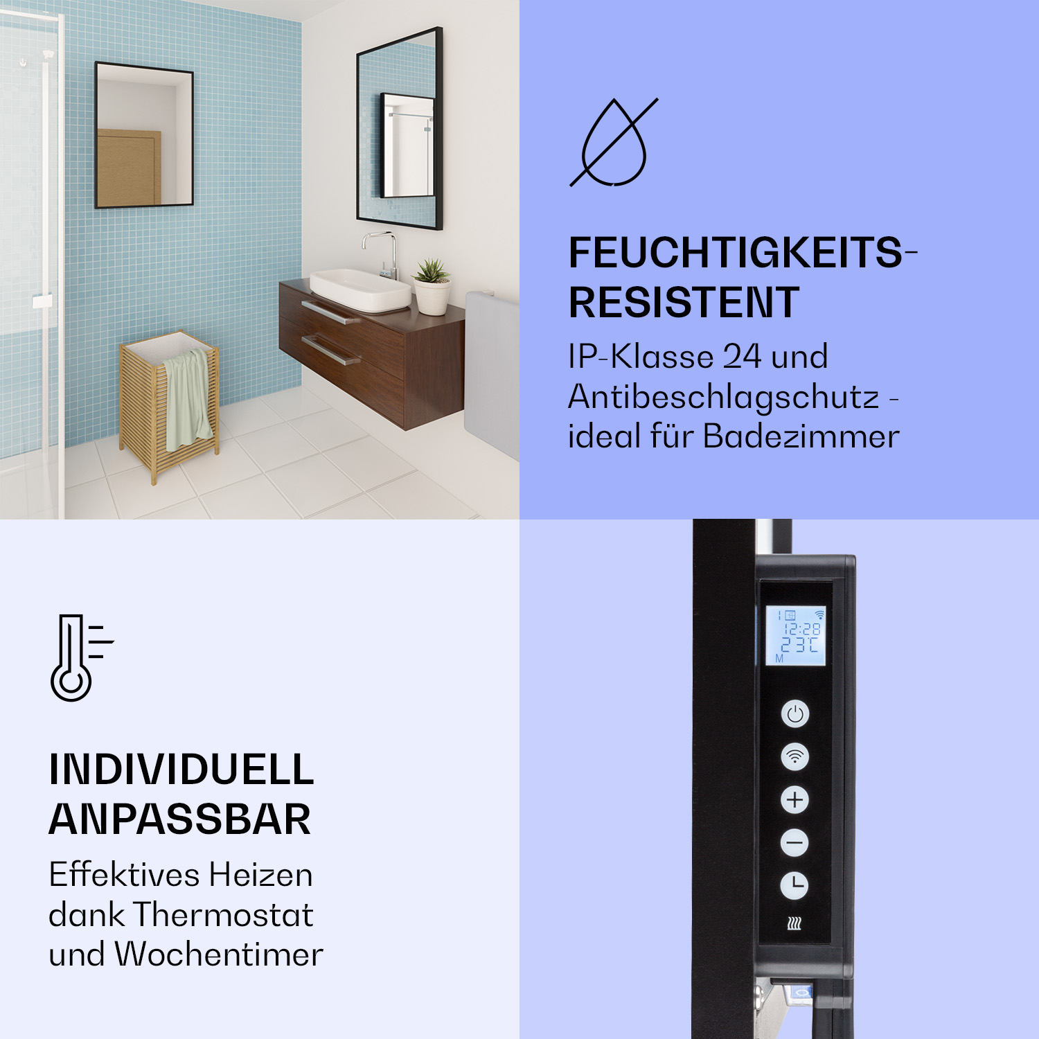 Ein modernes Badezimmer mit Wandhängeschrank, Badewanne und Heizpaneel.