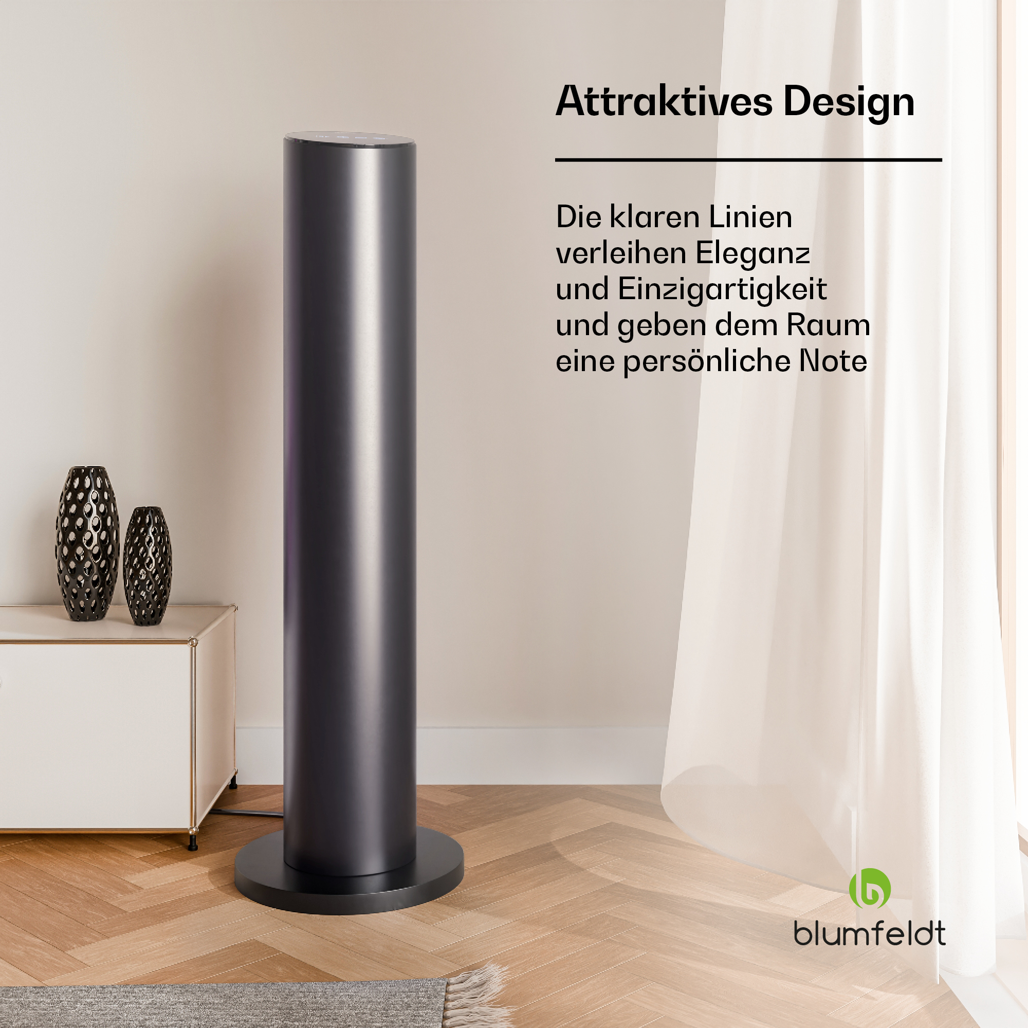 Stufa nera con decorazioni. Testo: 'Attraktives Design'.