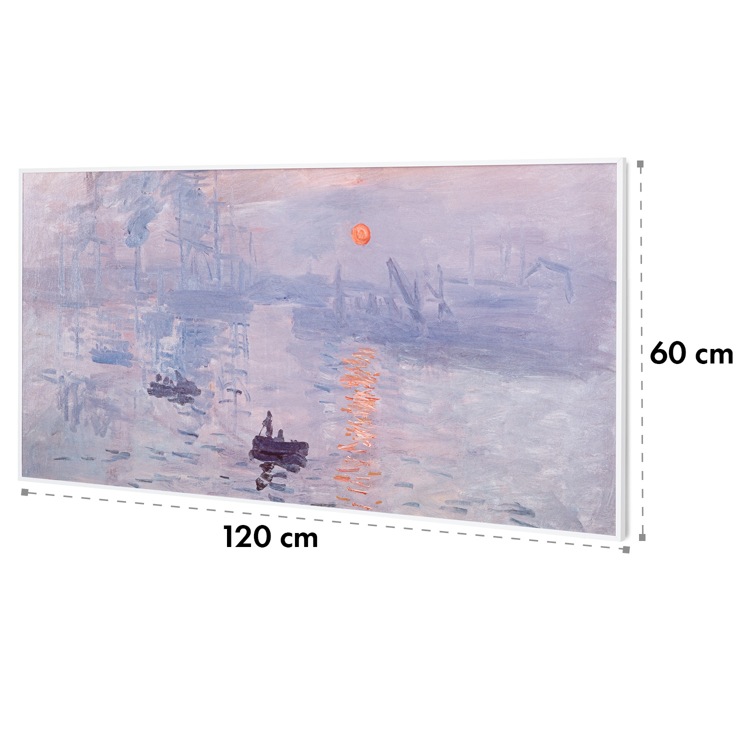 Un dipinto di una scena portuale con barche, edifici e un tramonto. Cornice bianca e dimensioni visibili.