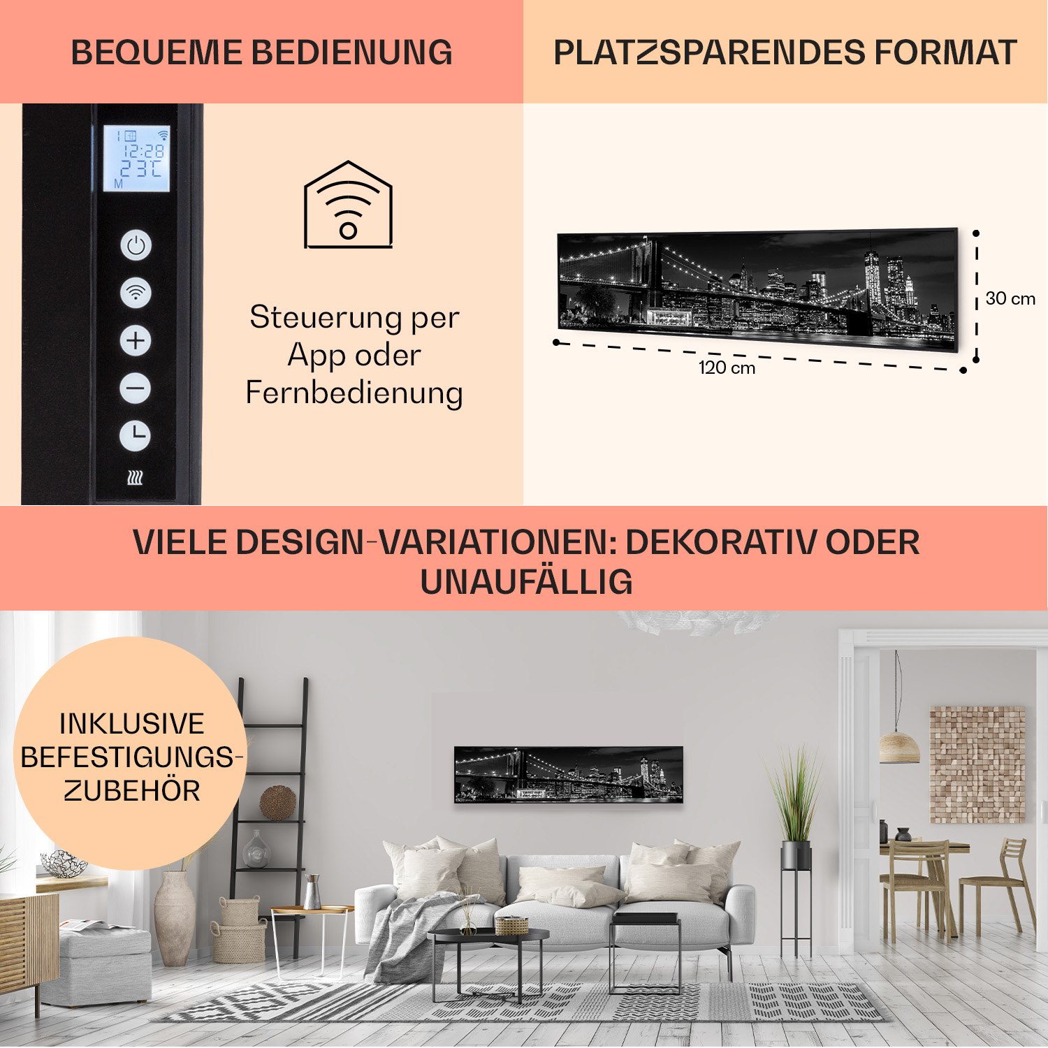 Schwarzes Bedienfeld mit Knöpfen und kleinem Display.