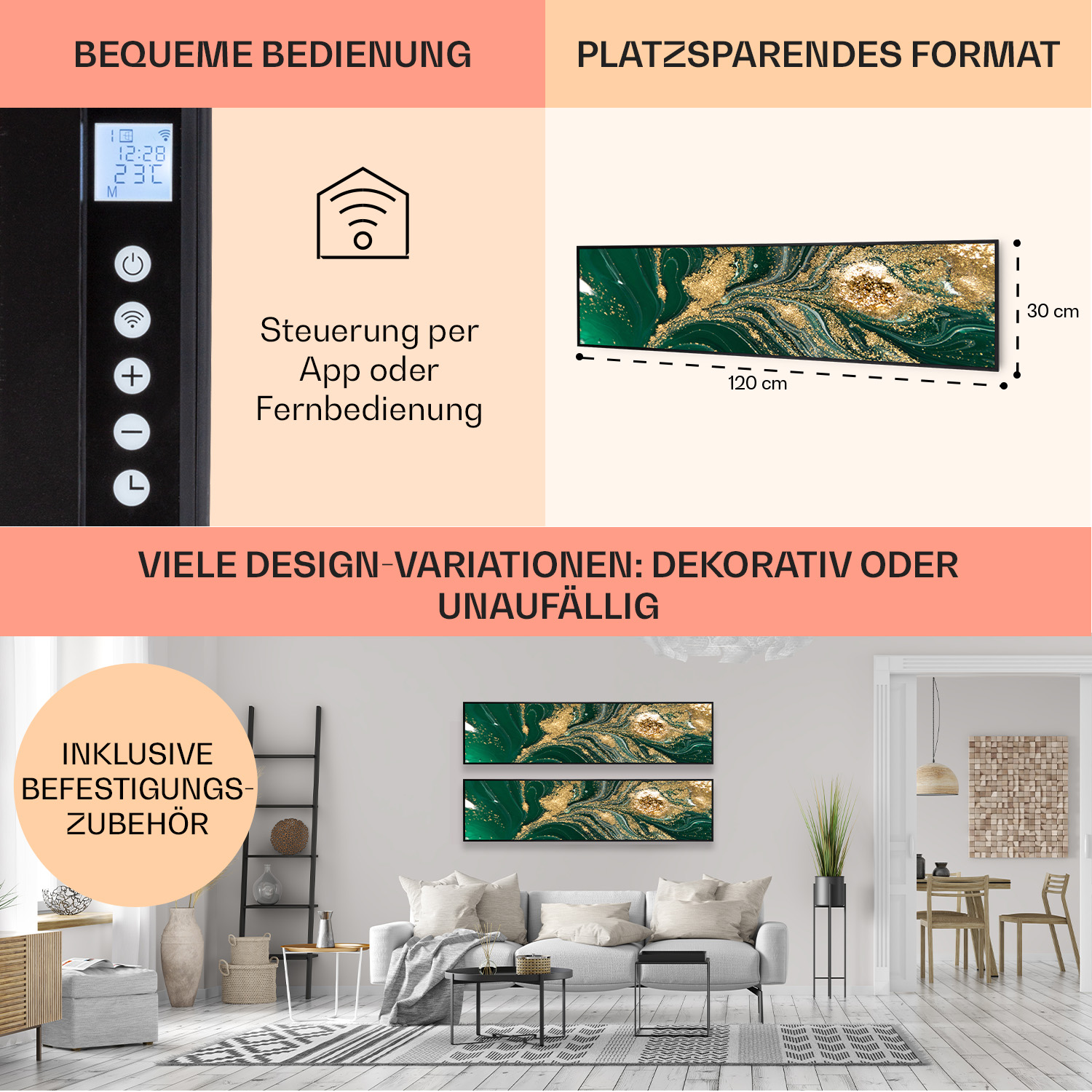 Eine Werbung zeigt Designoptionen für eine Heizung. Es zeigt eine schwarze Heizung mit Bedienelementen und Abmessungen.