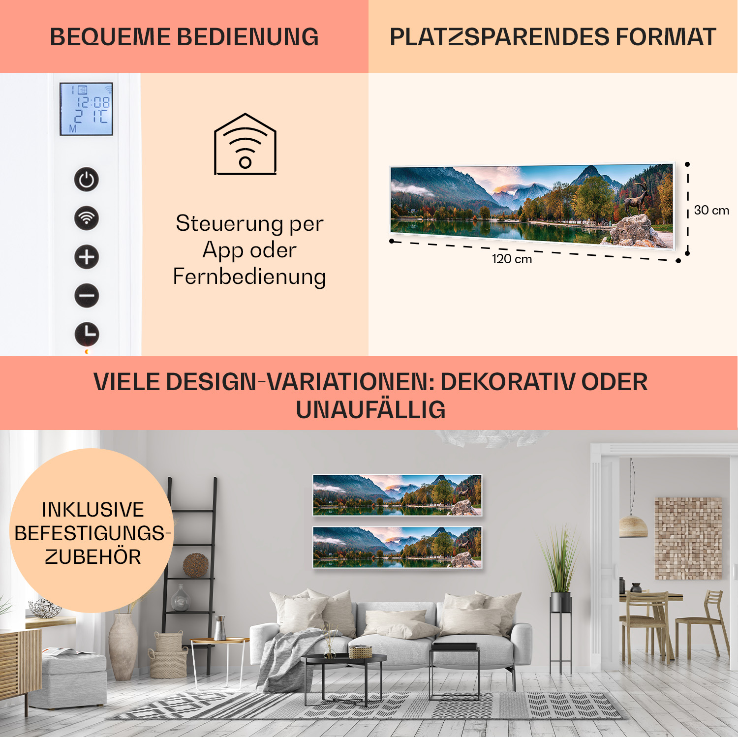 Smart Home Gerät mit Display und Knöpfen, Landschaftsbild im Hintergrund.