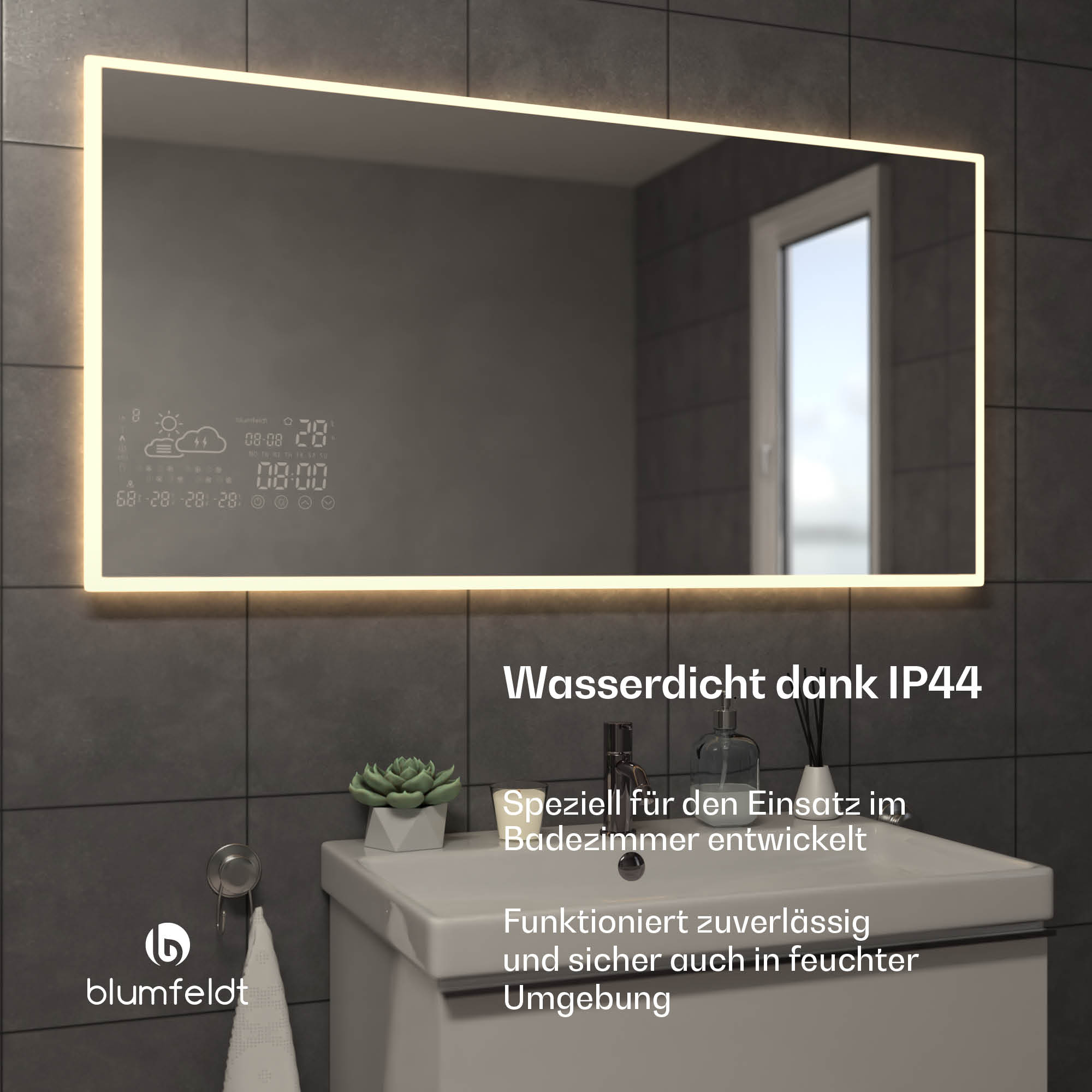 Smarter Spiegel im Badezimmer mit digitaler Anzeige, Waschbecken und Zubehör, graue Fliesenwand.