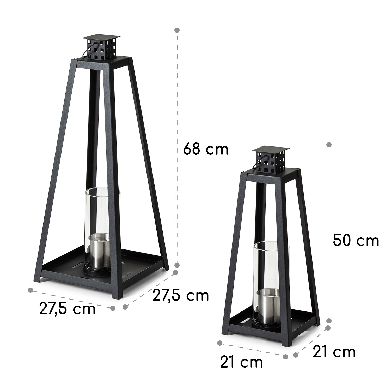 Zwei schwarze Metalllaternen mit Glaszylinder, Abmessungen sind beschriftet, weißer Hintergrund.