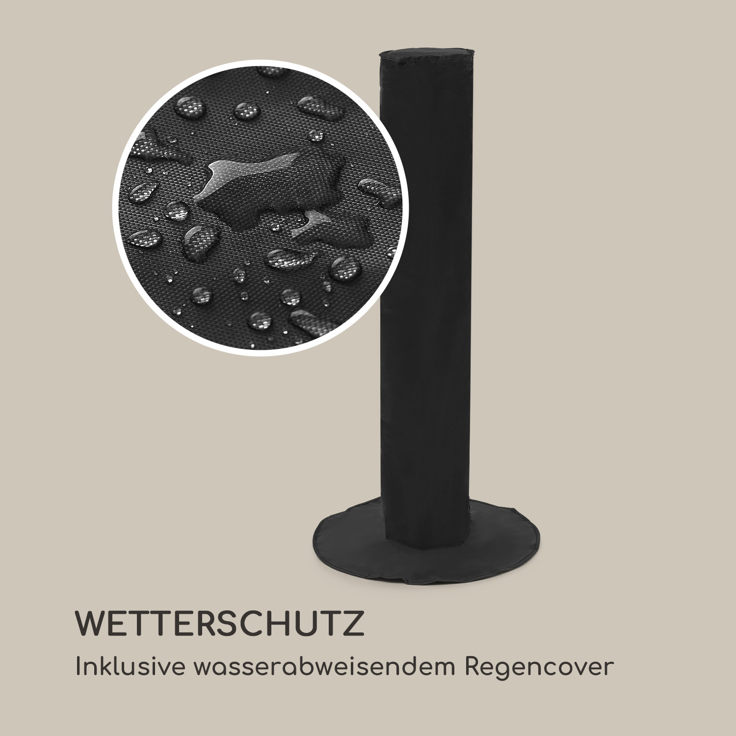 Primo piano di una copertura nera impermeabile con goccioline d'acqua. Un'immagine più grande della copertura.