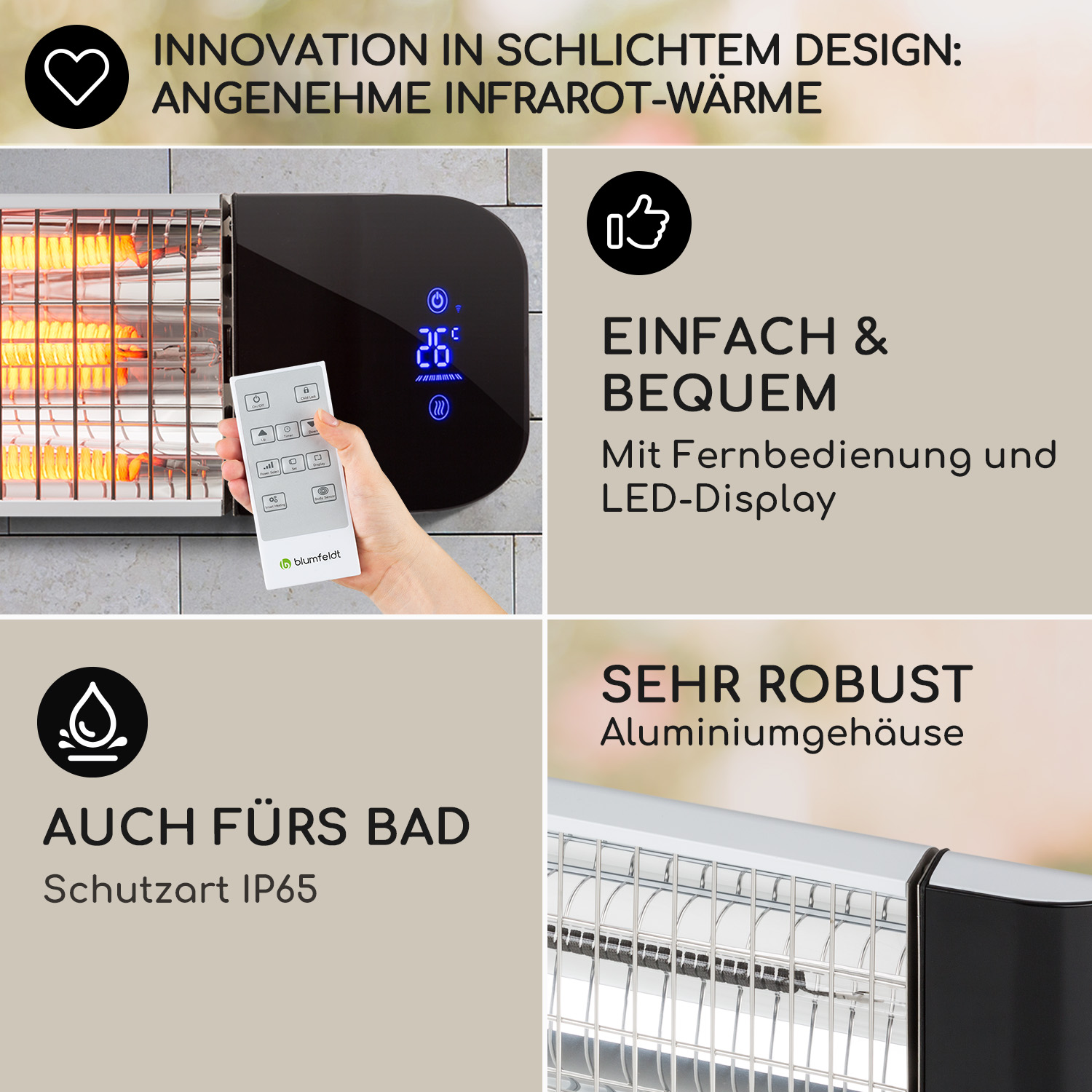 Eine schwarze Heizung mit Digitalanzeige und Fernbedienung.