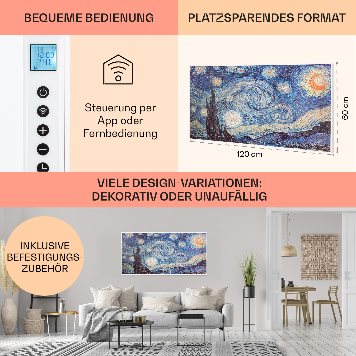 Wohnzimmer mit Gemälde, Sofa, Stühlen und Dekorationselementen. Textbeschriftungen sind vorhanden.