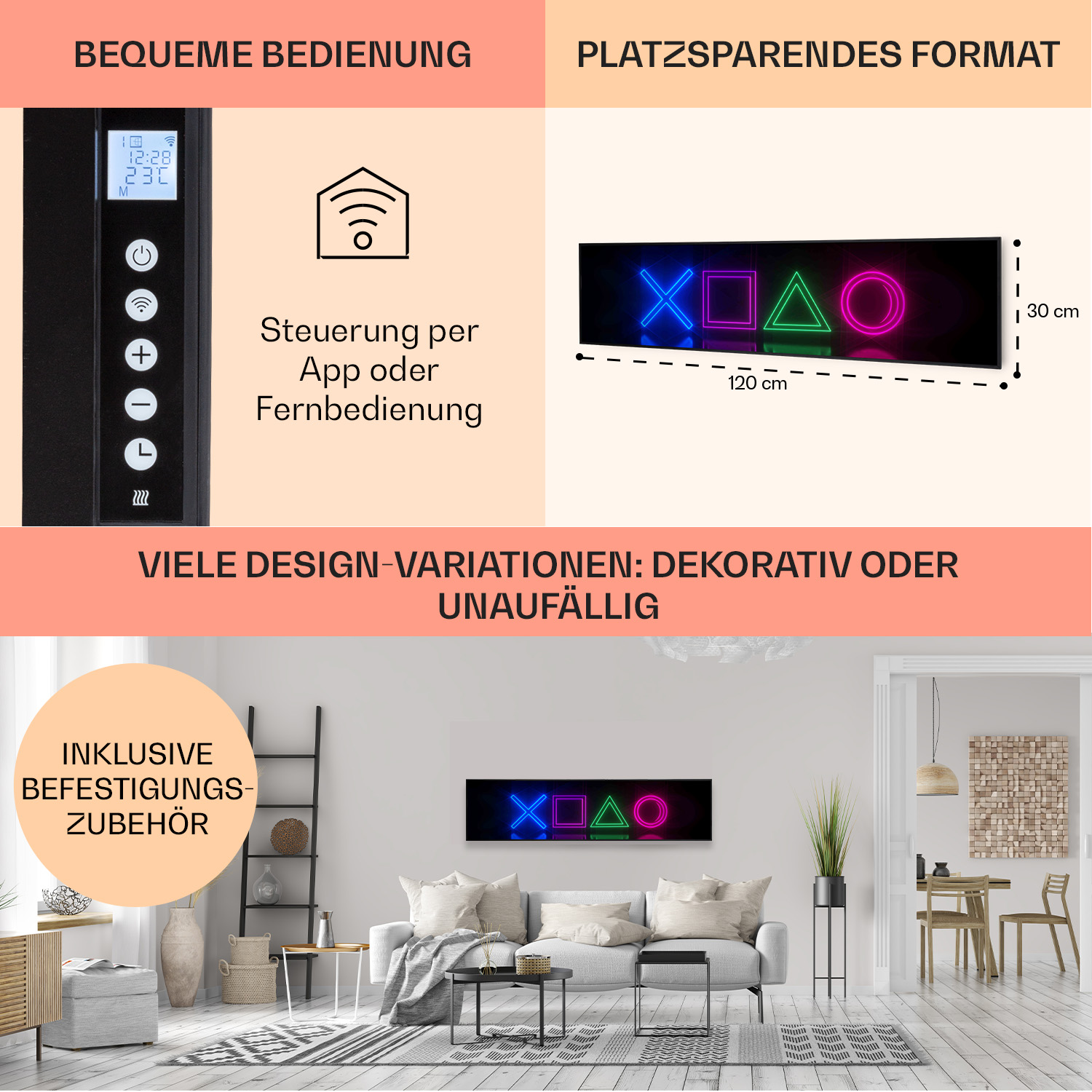 Text und Bild, die die Steuerung per App oder Fernbedienung sowie dekoratives oder unauffälliges Design bewerben.