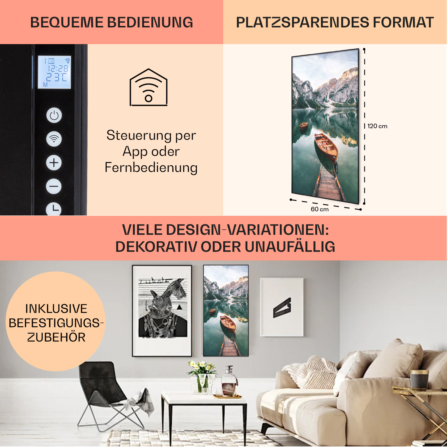 Bild mit Text über ein Heizelement, Designvarianten und Deko-Ideen mit Zubehör.