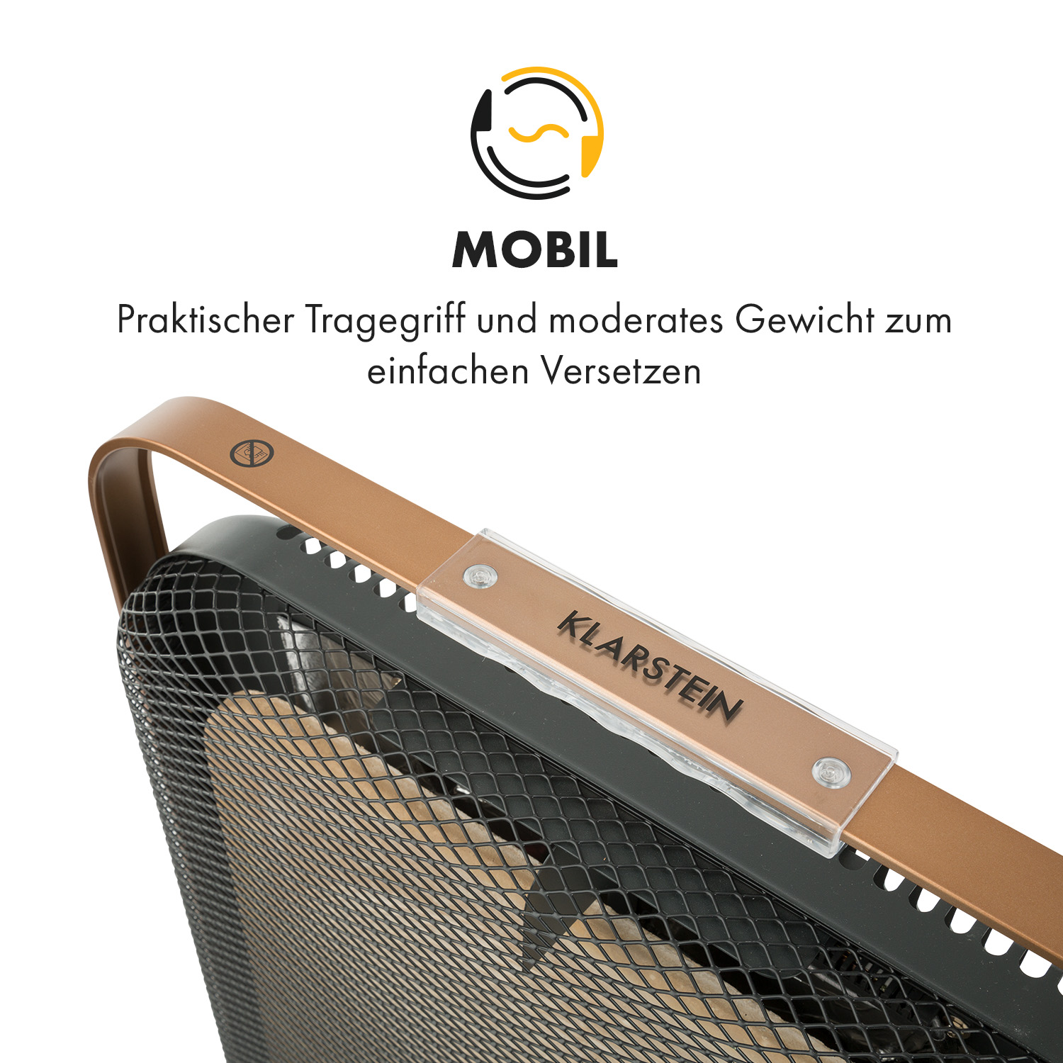 Nahaufnahme eines tragbaren Heizgeräts mit Tragegriff und Text. Schwarz- und Goldfarben.