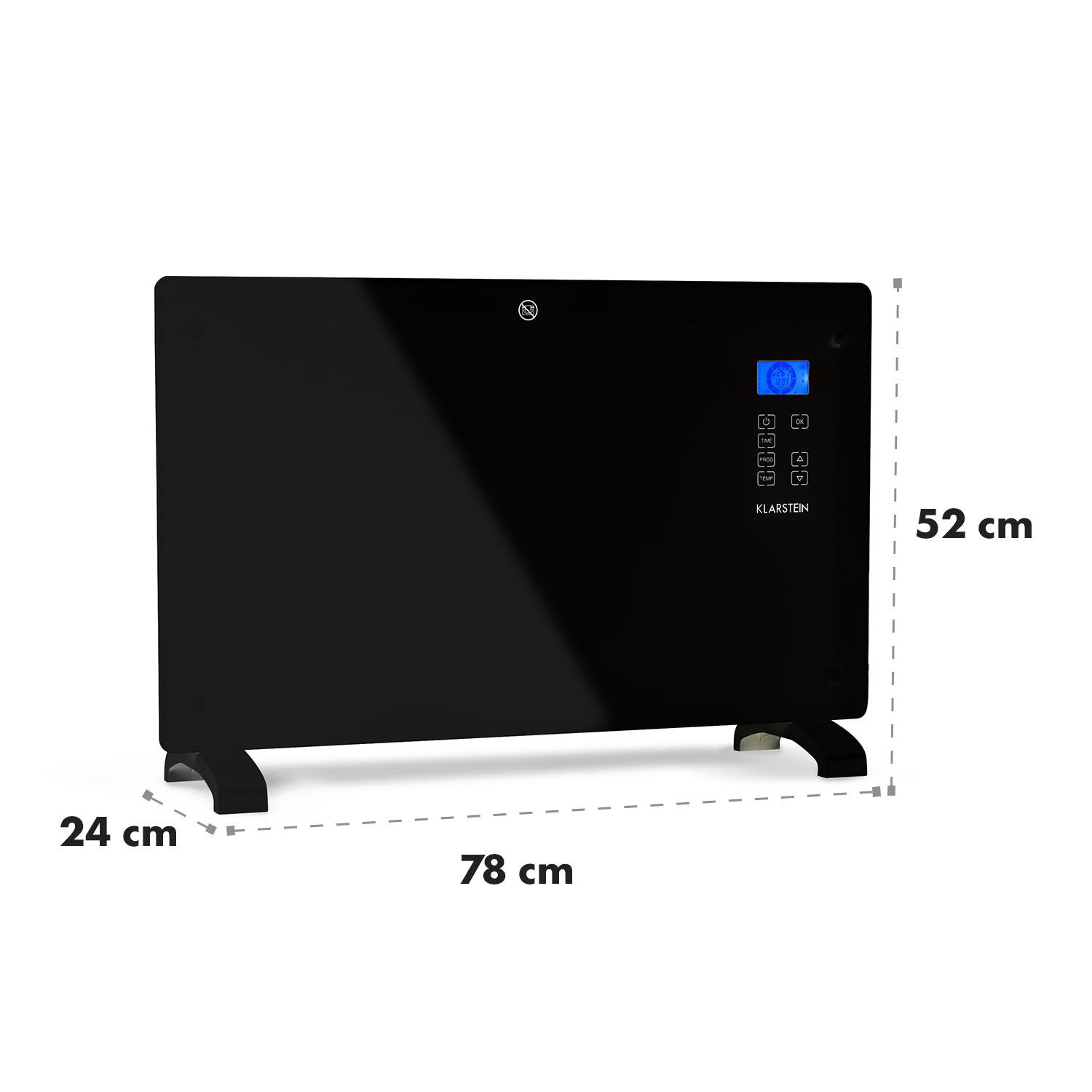 Un calentador eléctrico negro con una pantalla azul, colocado sobre un fondo blanco.
