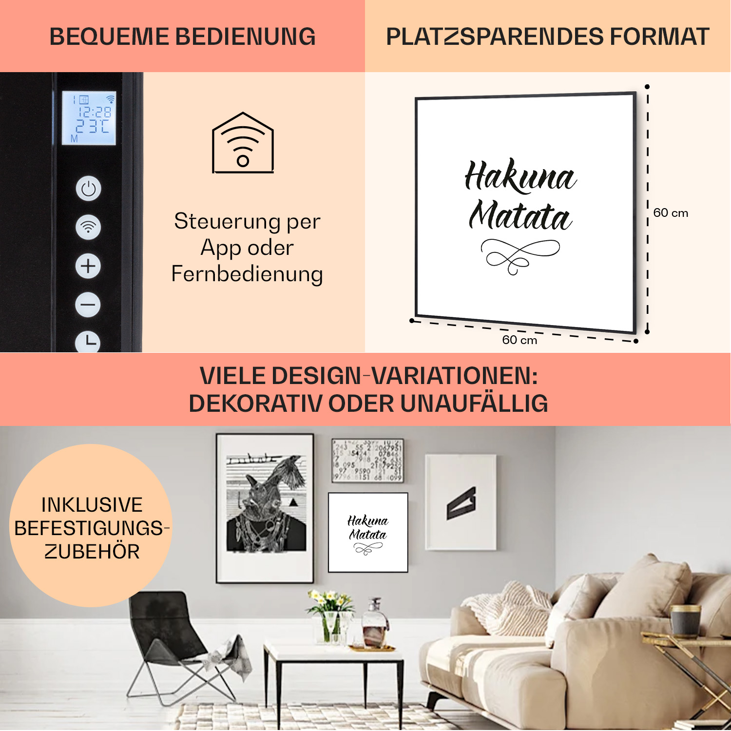 Eine Anzeige mit einem digitalen Thermostat und Bildern von Wandkunst und einer Couch.