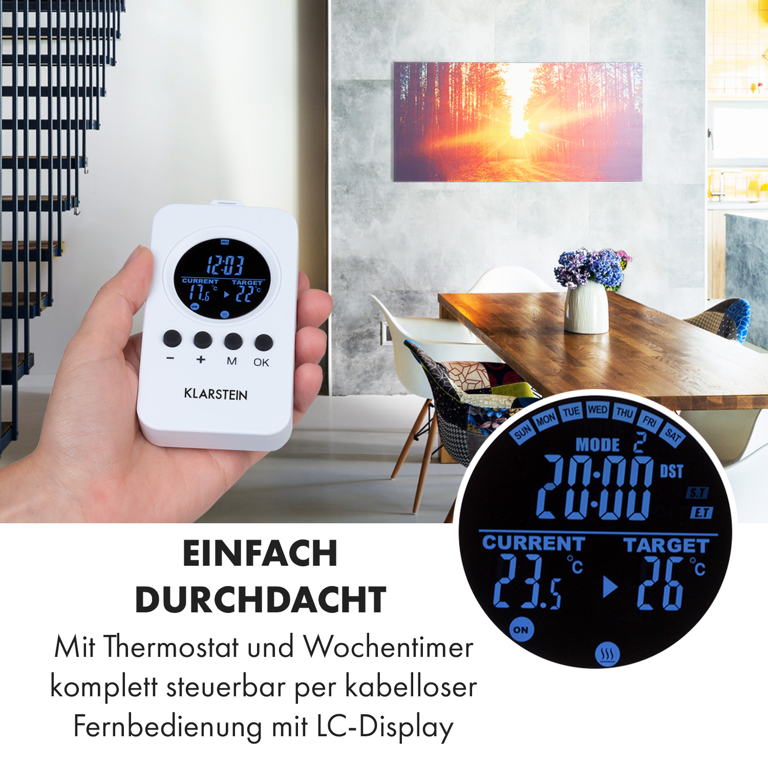 Hand, die ein Steuergerät hält, das ein Display mit Zahlen zeigt.