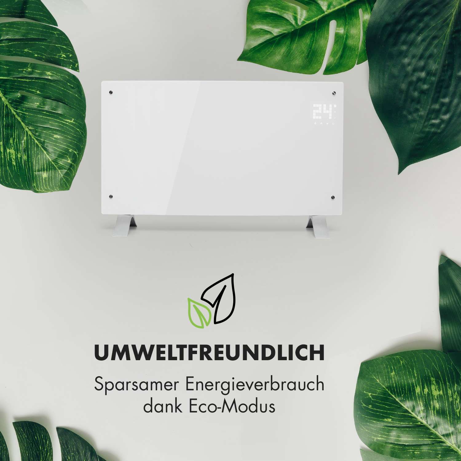 Weißer Heizlüfter mit Digitalanzeige, grüne Blätter, Text: 'UMWELTFREUNDLICH'.