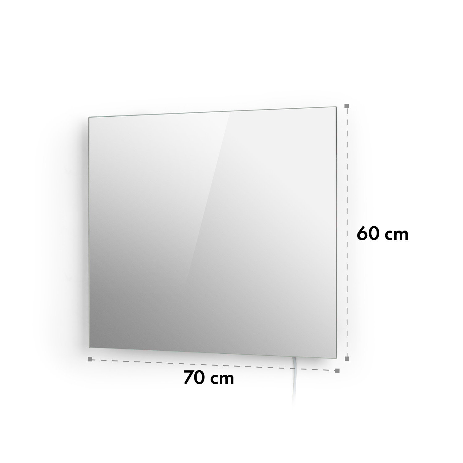 Ein quadratischer, weißer Elektroheizkörper an einer weißen Wand. Abmessungen sind angegeben.