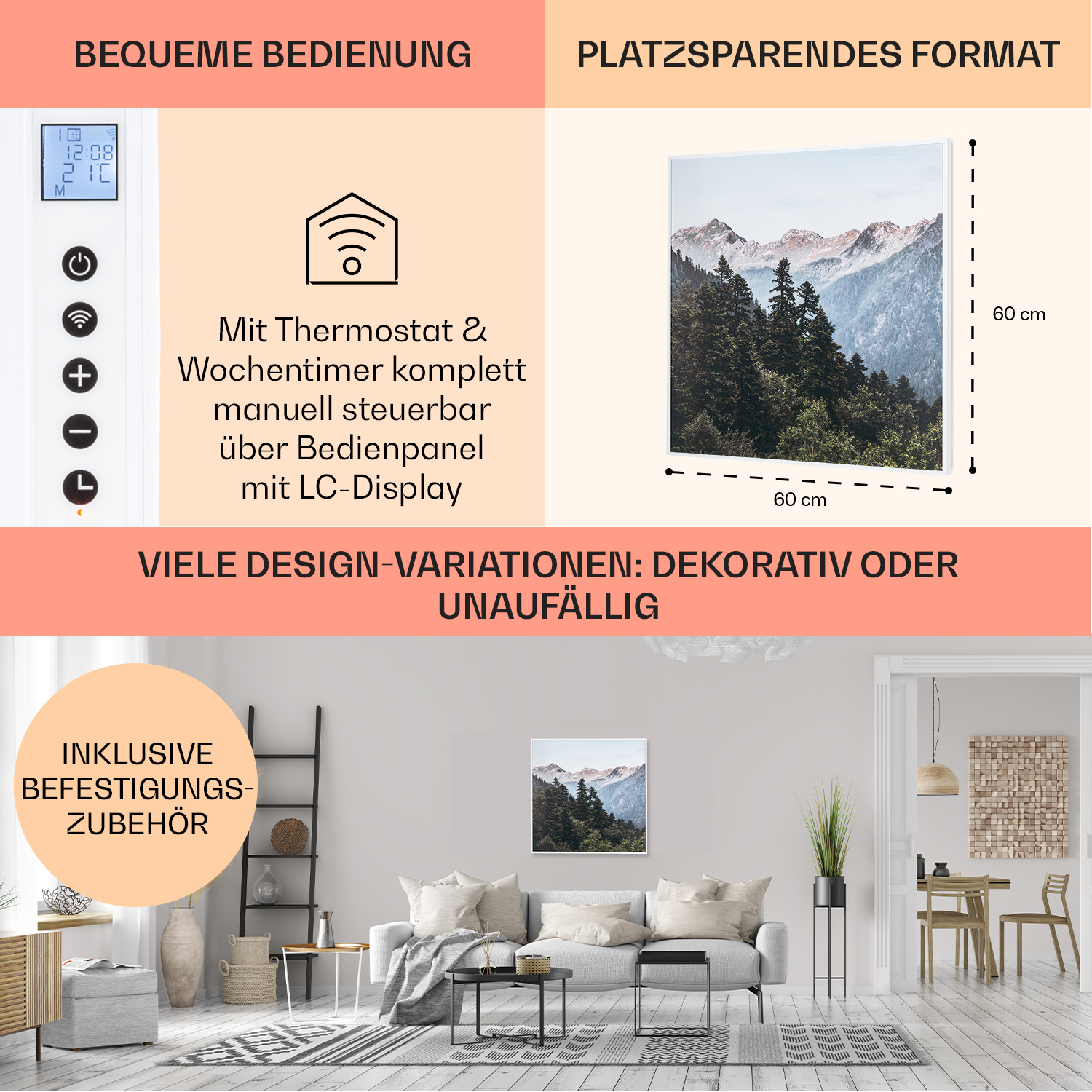 Ein modernes Zimmer mit einem Display-Panel und einem Bild einer Berglandschaft.