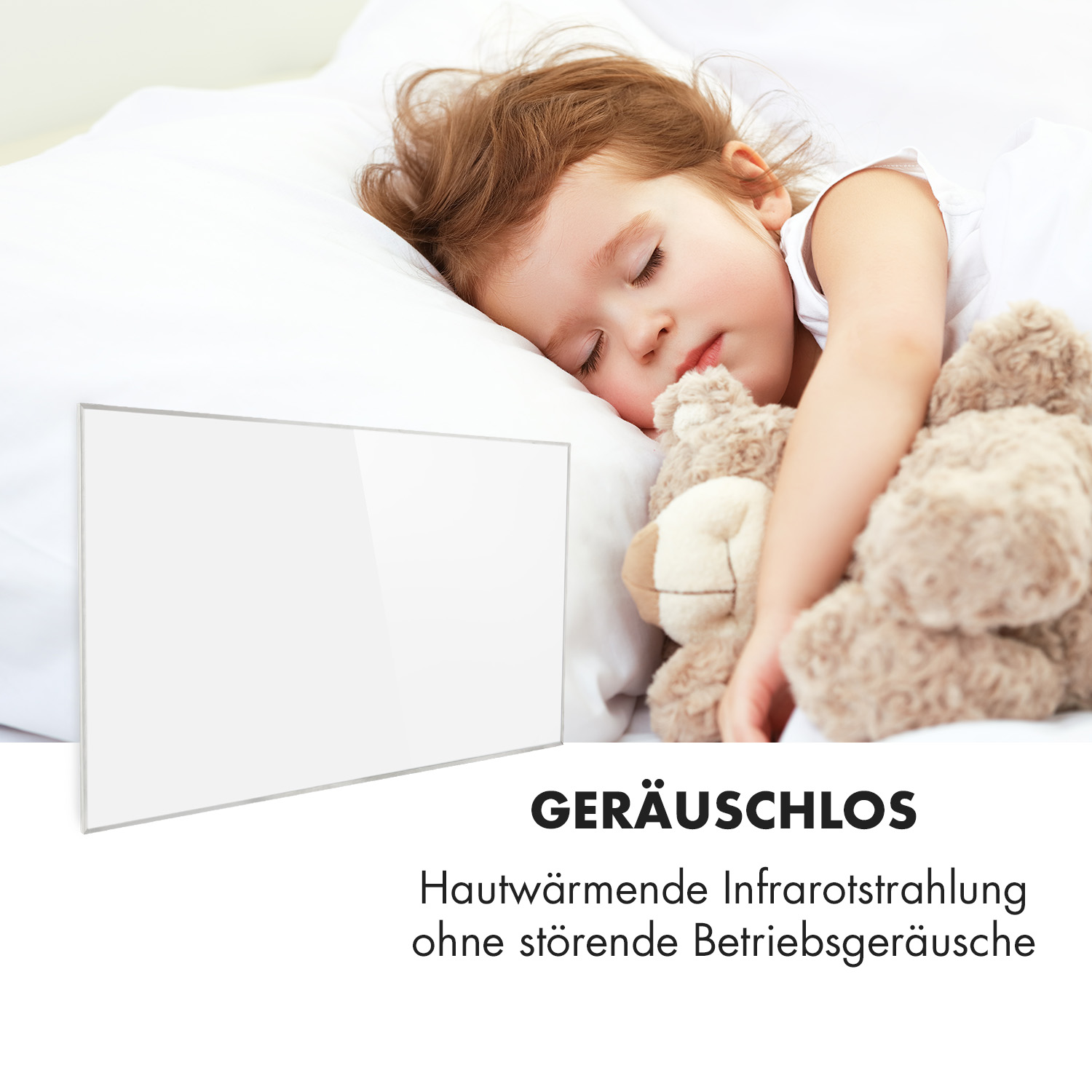 Das Bild zeigt ein schlafendes Kind mit Teddybär und ein weißes Panel.