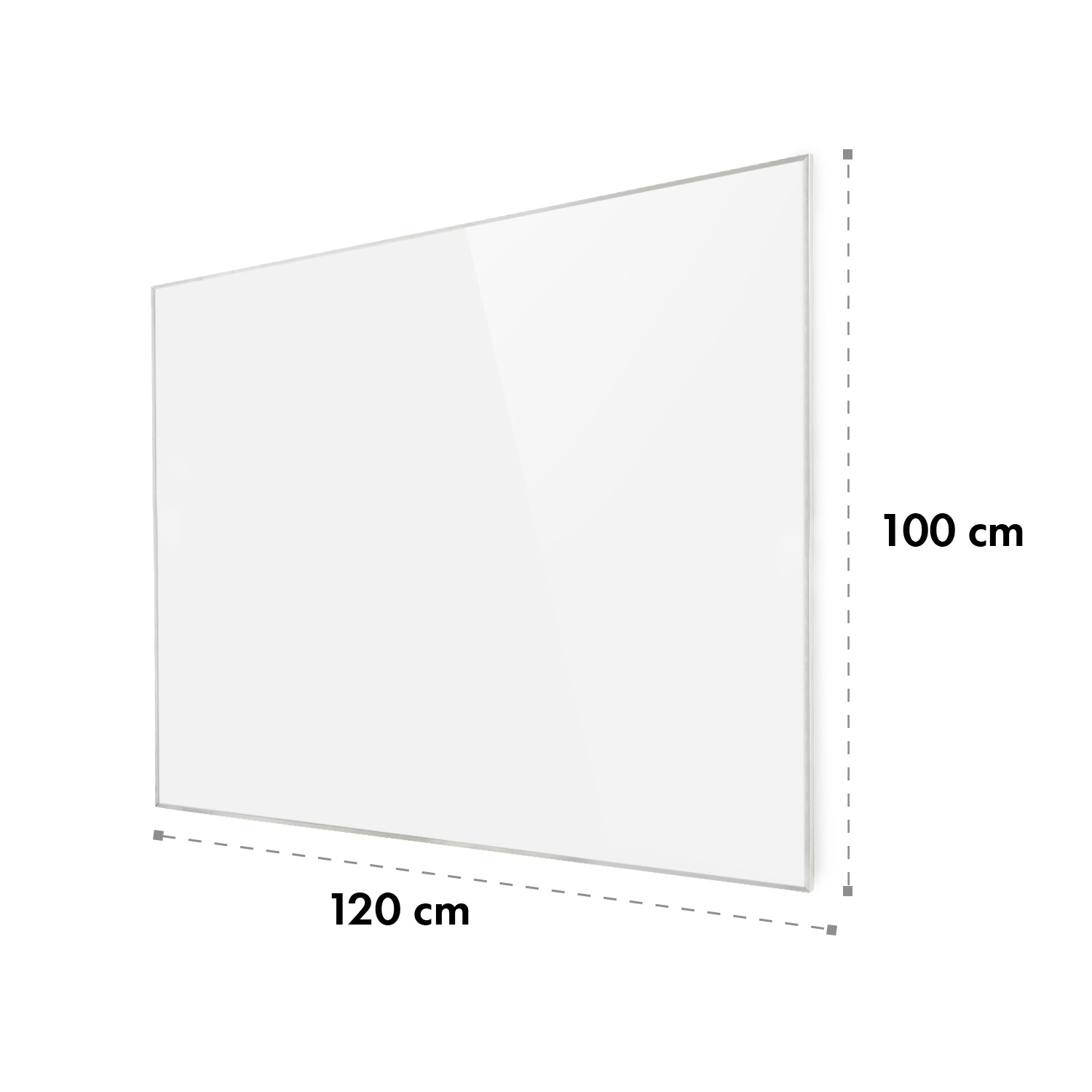 Un pannello di vetro rettangolare trasparente con dimensioni di 120 cm per 100 cm su sfondo bianco.