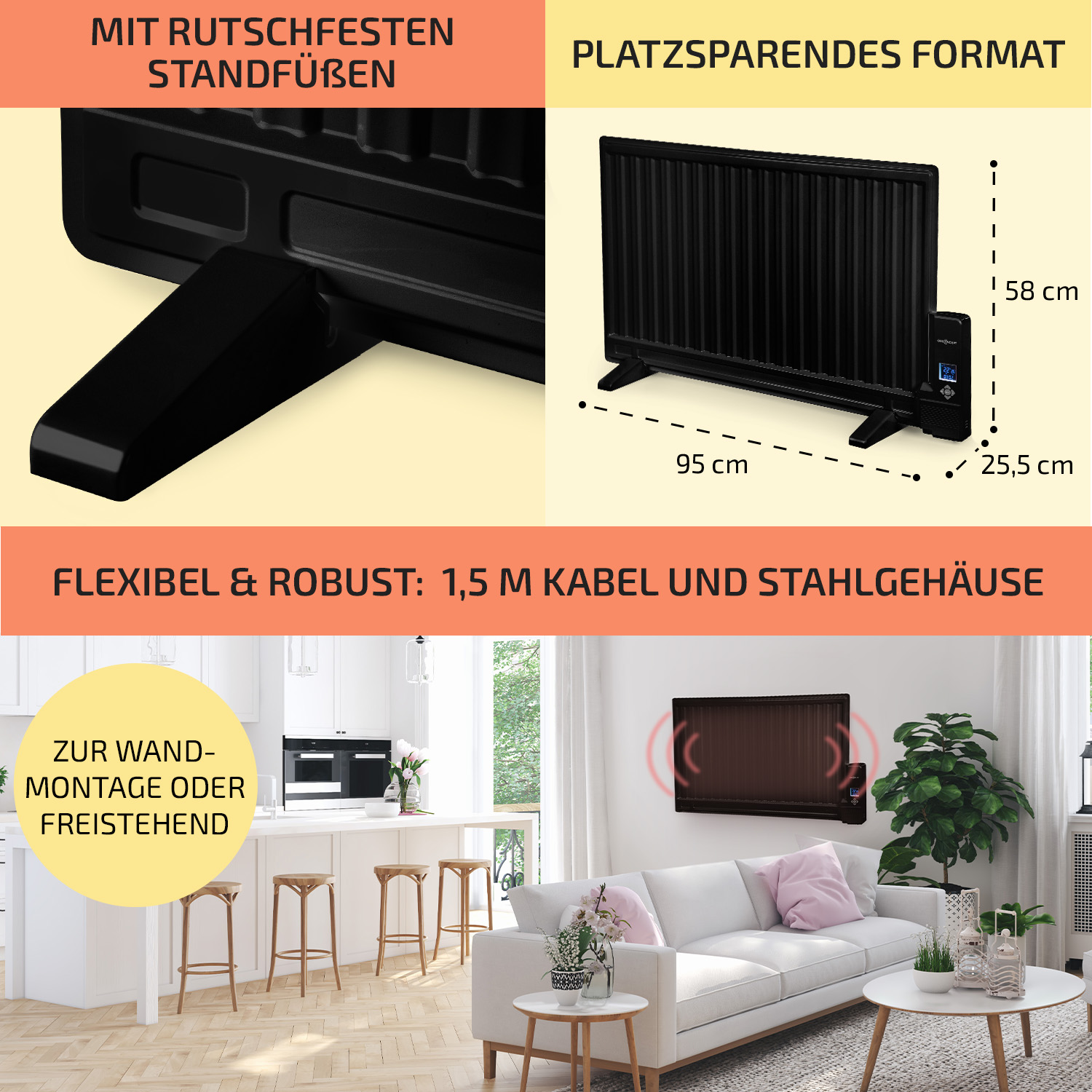 Mehrere Bilder, die eine schwarze Heizung in verschiedenen Umgebungen, mit Abmessungen und Merkmalen zeigen.