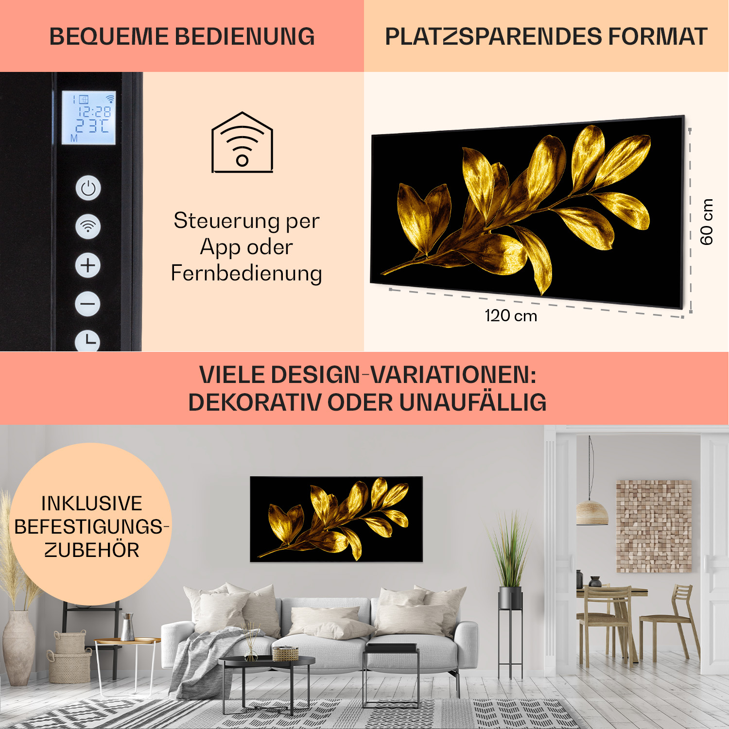 Eine Abbildung eines Goldblatt-Designs auf schwarzem Hintergrund. Text beschreibt die Steuerung per App oder Fernbedienung.