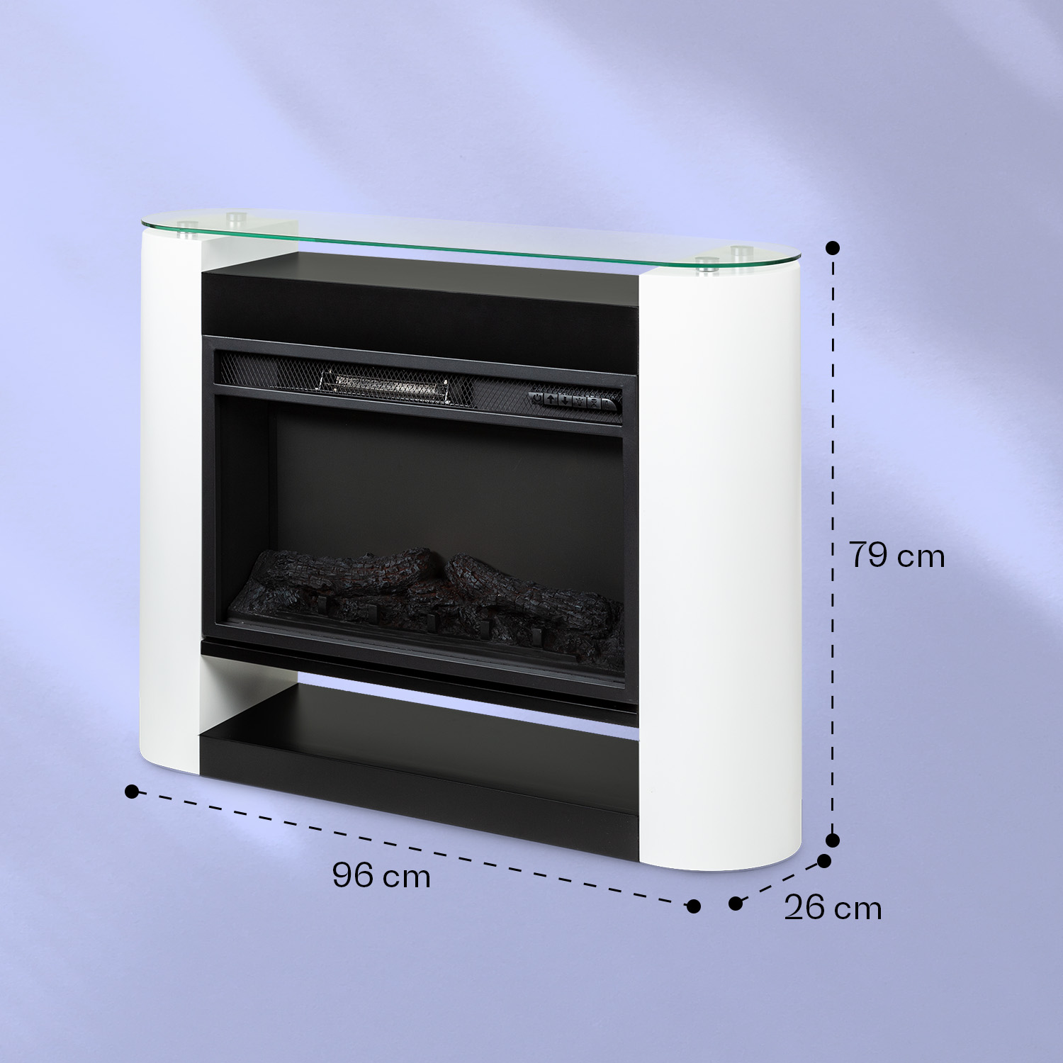 Un caminetto bianco con piano in vetro, interno nero e dimensioni segnate.