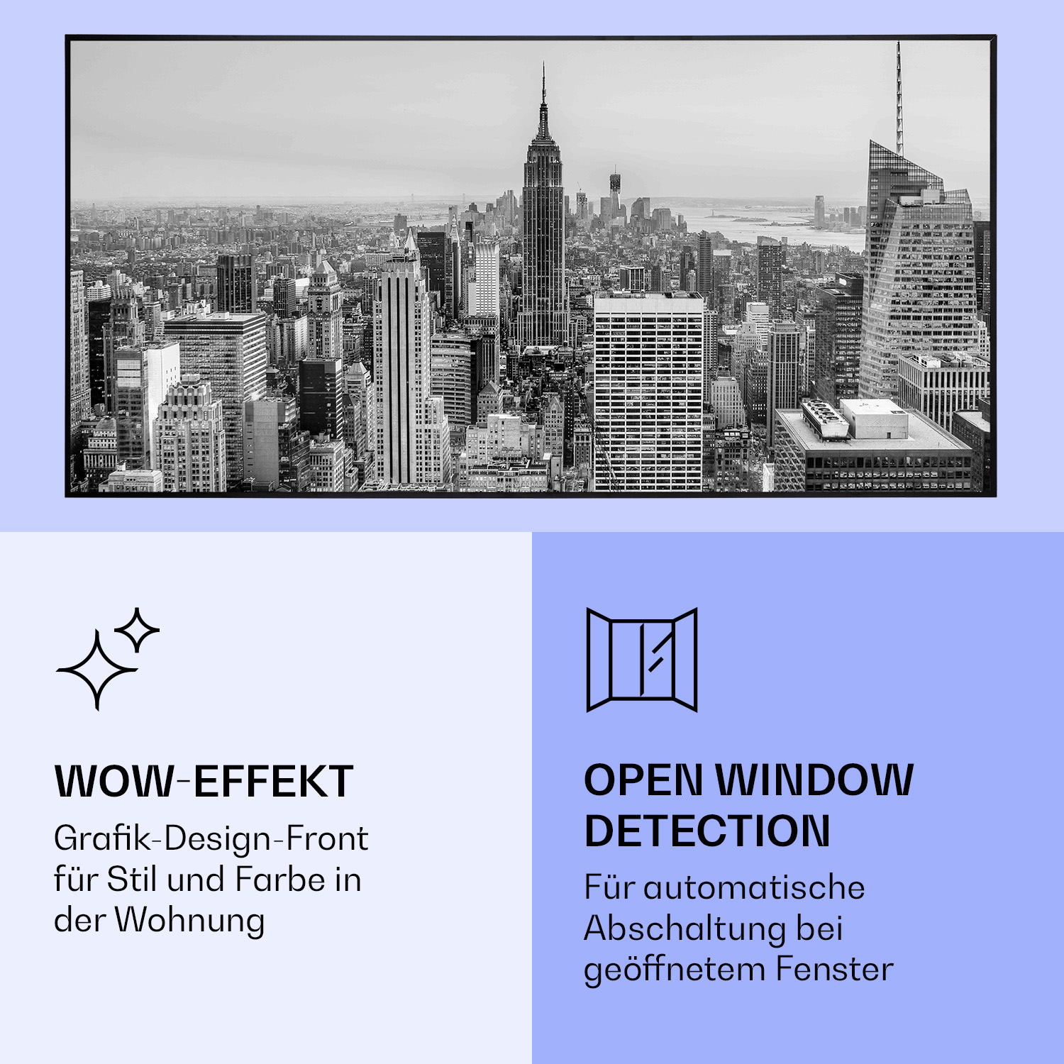Schwarz-weiß Stadtlandschaft, mit Icons für Design und Fenster-Offen-Erkennung.