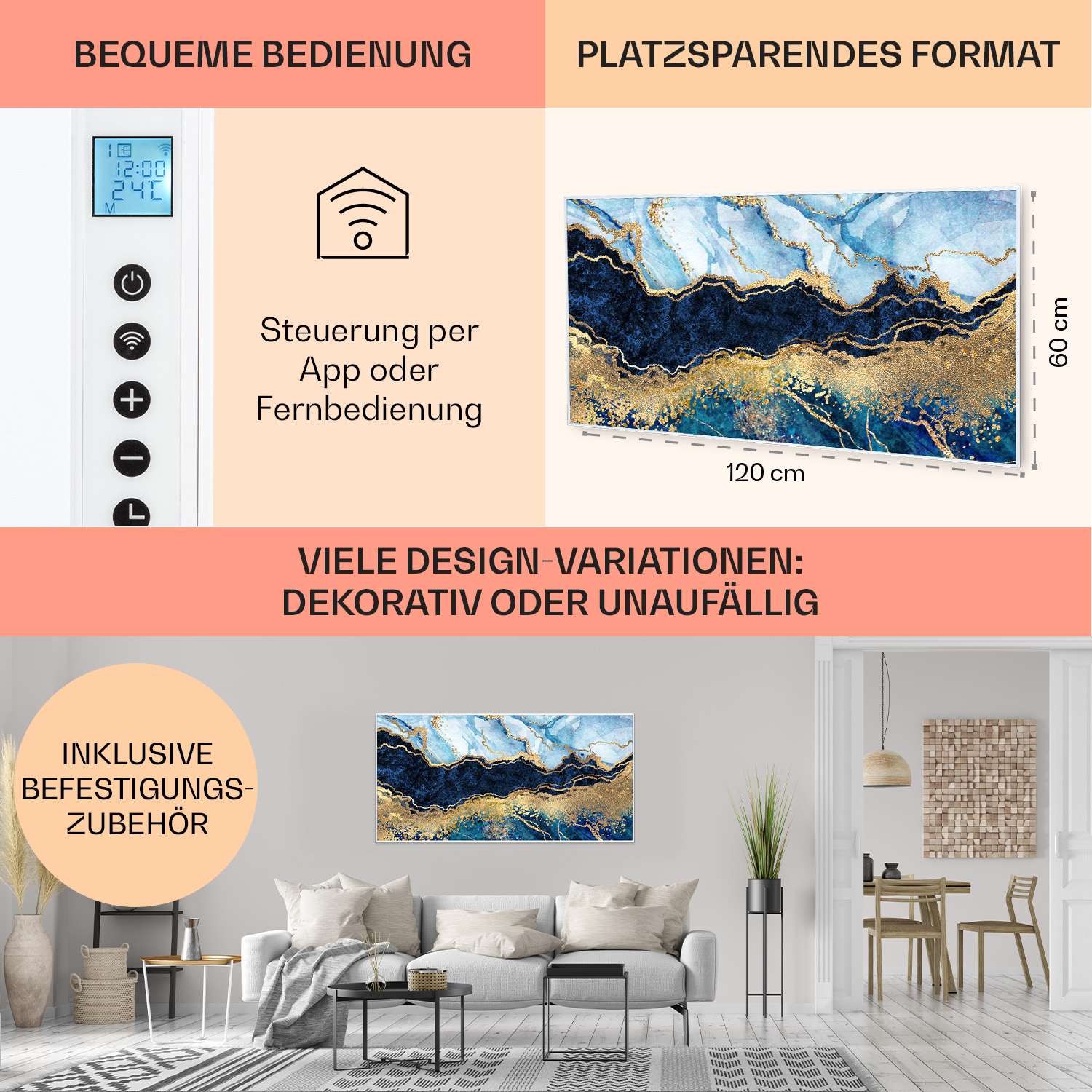 Wohnzimmer mit Sofa, Gemälde und Bedienfeld. Text an der Wand und eine Pflanze.