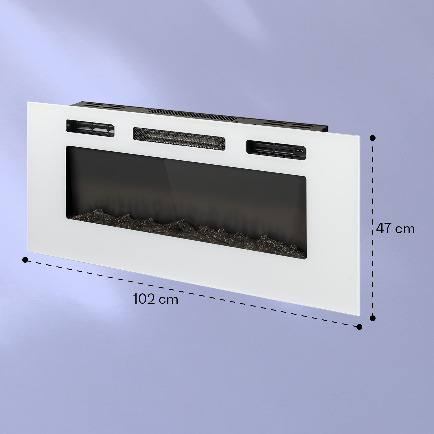 Una chimenea eléctrica blanca con dimensiones indicadas sobre un fondo morado.