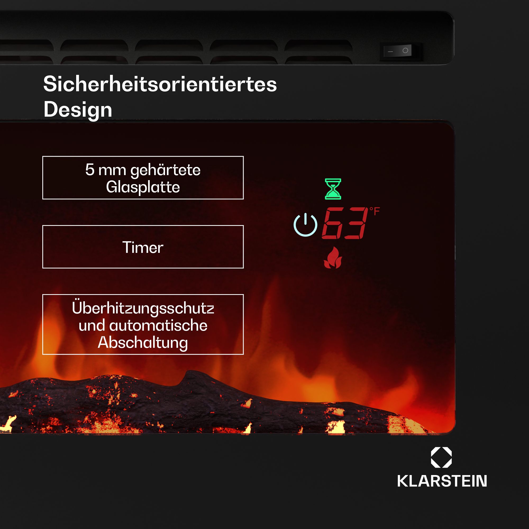 Elektrische Kaminanzeige mit Timer- und Temperaturreglern. Text: Sicherheitsorientiertes Design, 5 mm gehärtete Glasplatte.