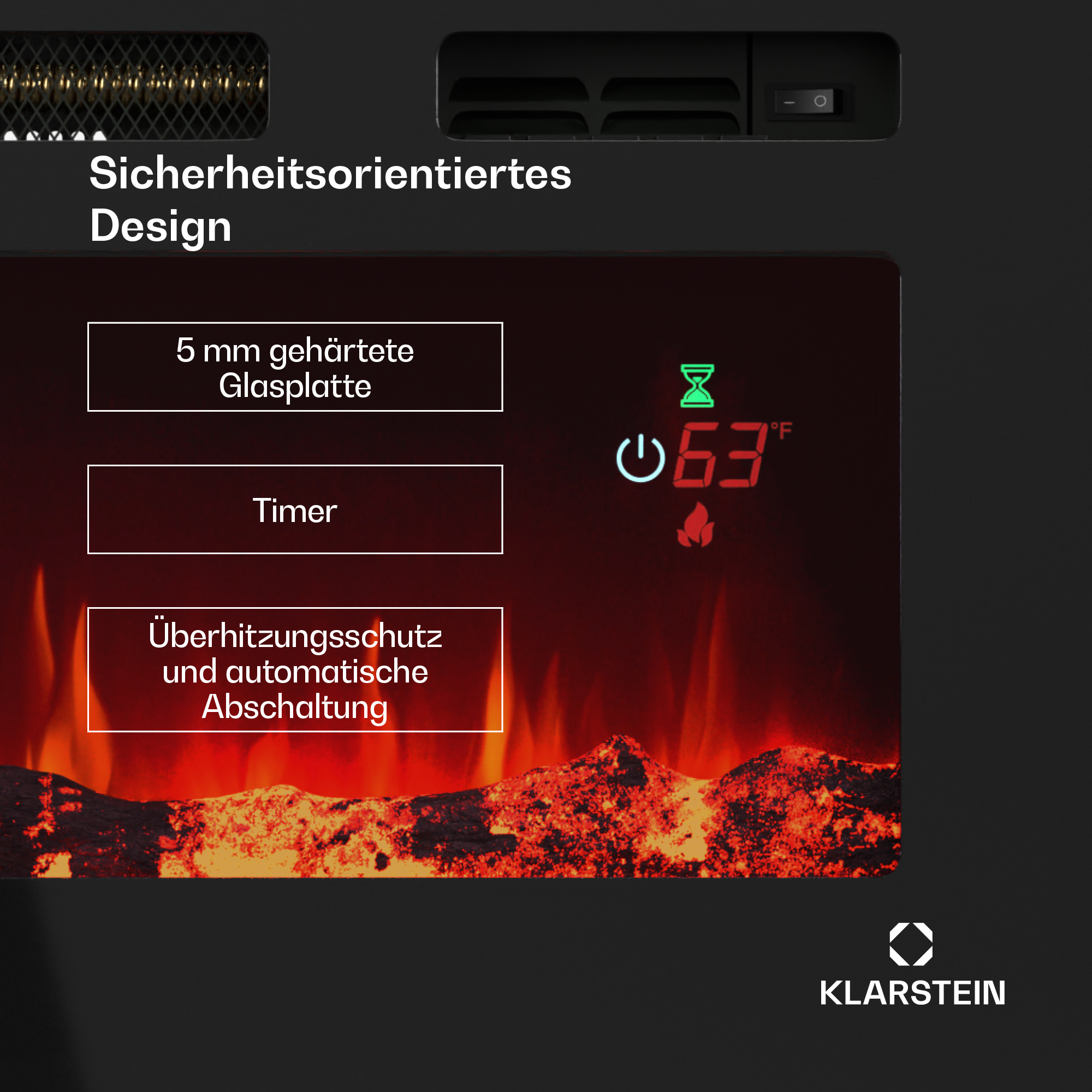 Caminetto elettrico con display che mostra temperatura, timer ed effetto fiamma.