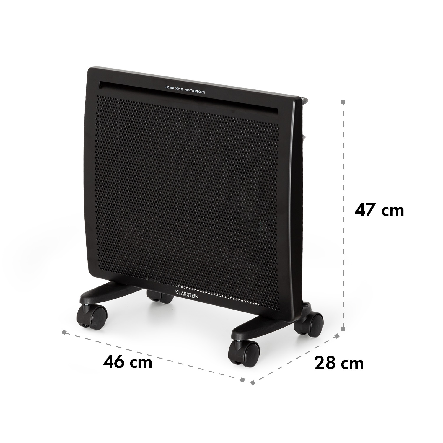 Schwarzer Plattenheizkörper auf Rädern. Er hat Abmessungen: 47 cm, 46 cm und 28 cm.
