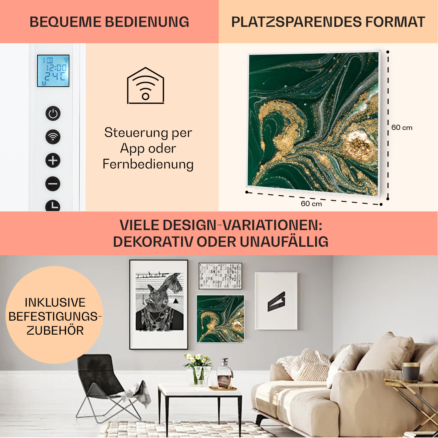 Wandheizung mit Bedienfeld, wirbt mit App/Fernbedienung und Designvarianten.