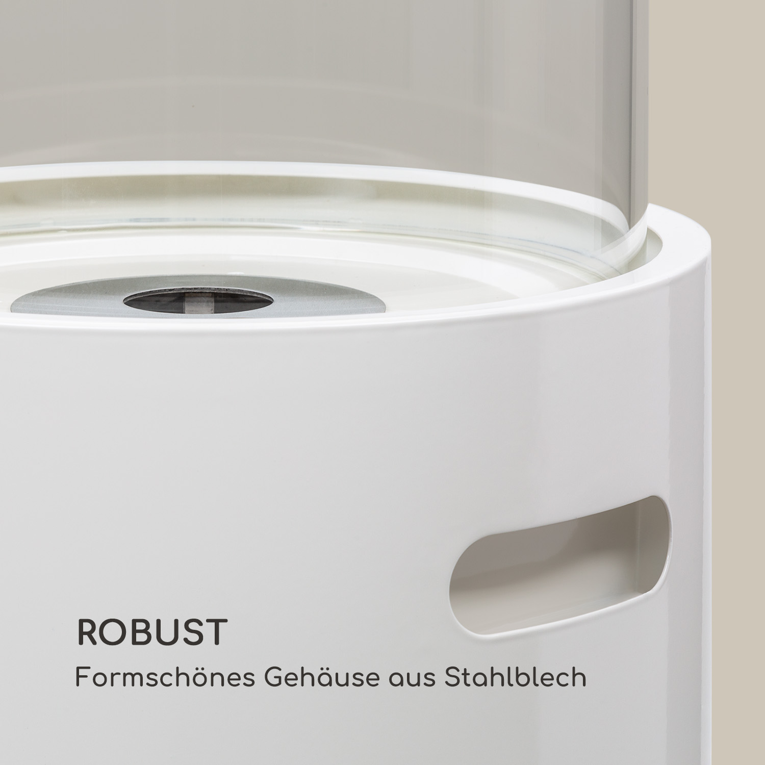 Ein weißer Luftreiniger mit Griff und dem Text 'ROBUST'.