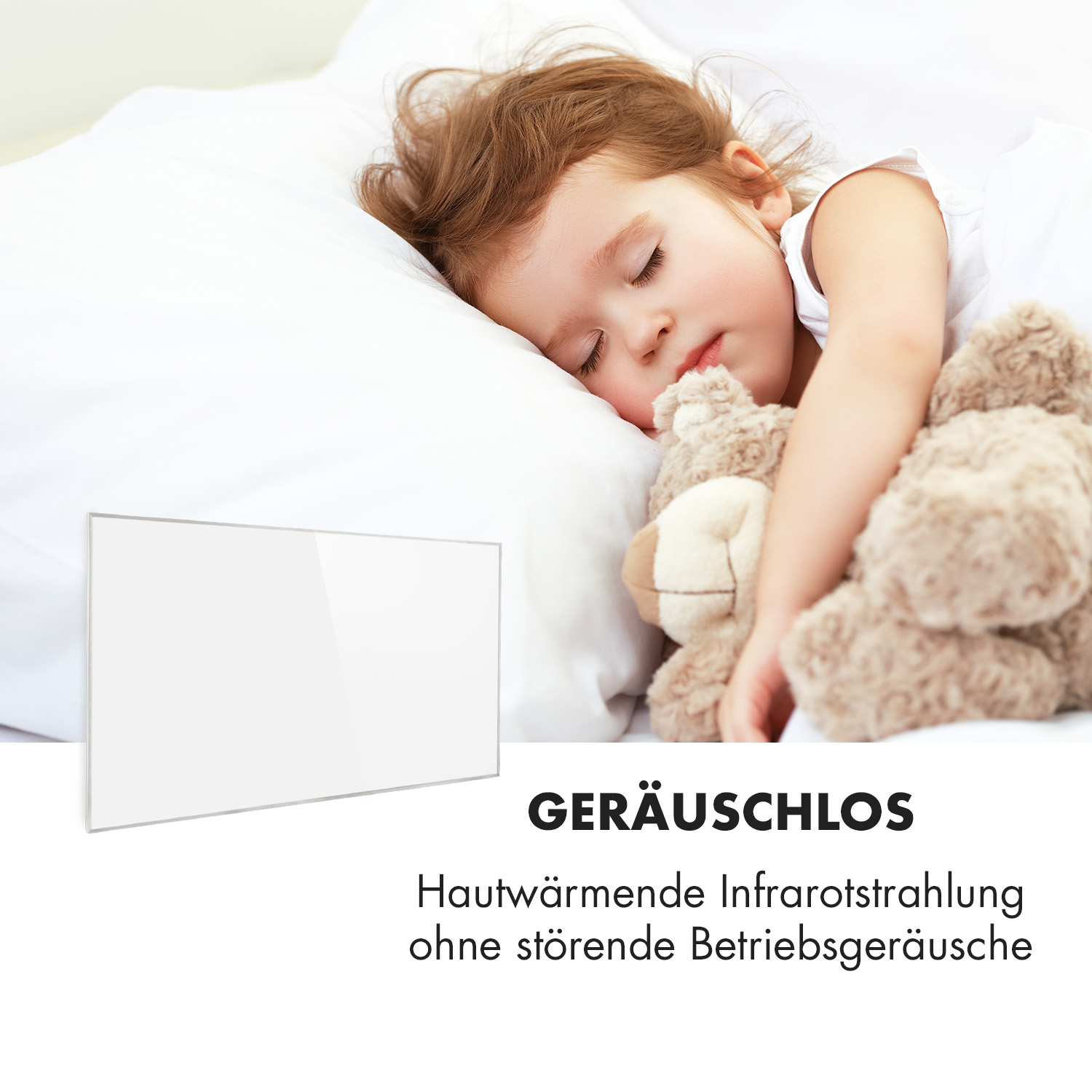Ein schlafendes Kind mit einem Stofftier neben einem weißen Infrarotheizkörper.