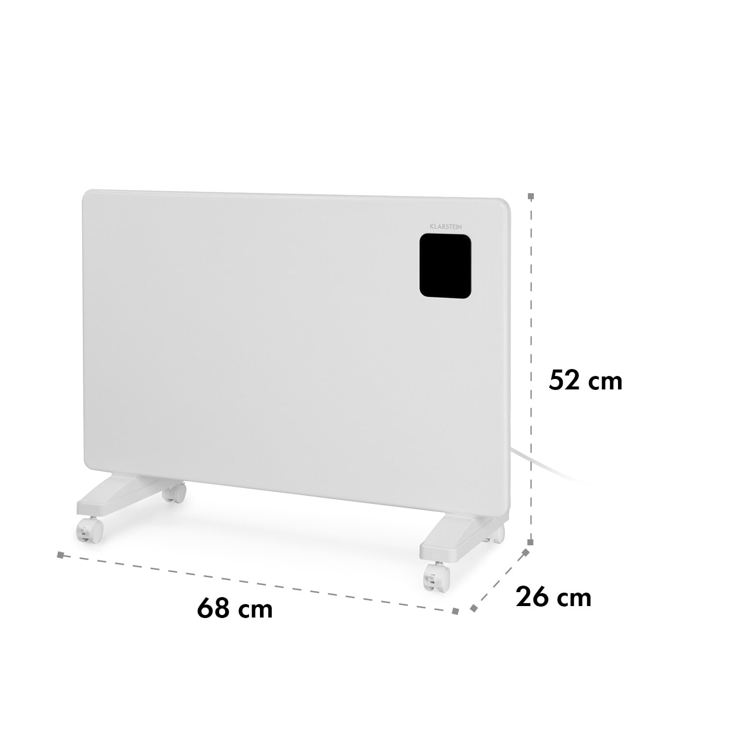 Calentador eléctrico blanco sobre ruedas. Dimensiones: 68 cm, 52 cm, 26 cm. Marca Klarstein visible.