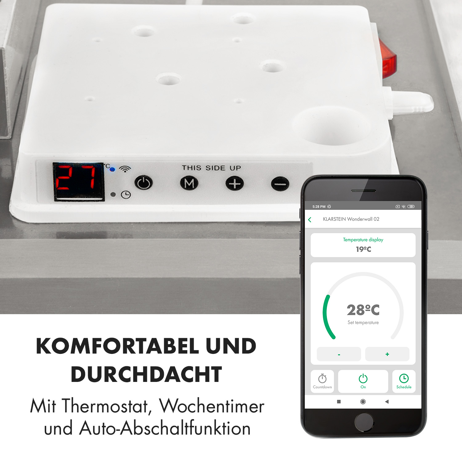Un dispositivo electrónico con una pantalla que muestra la temperatura. Un teléfono muestra una interfaz de aplicación.