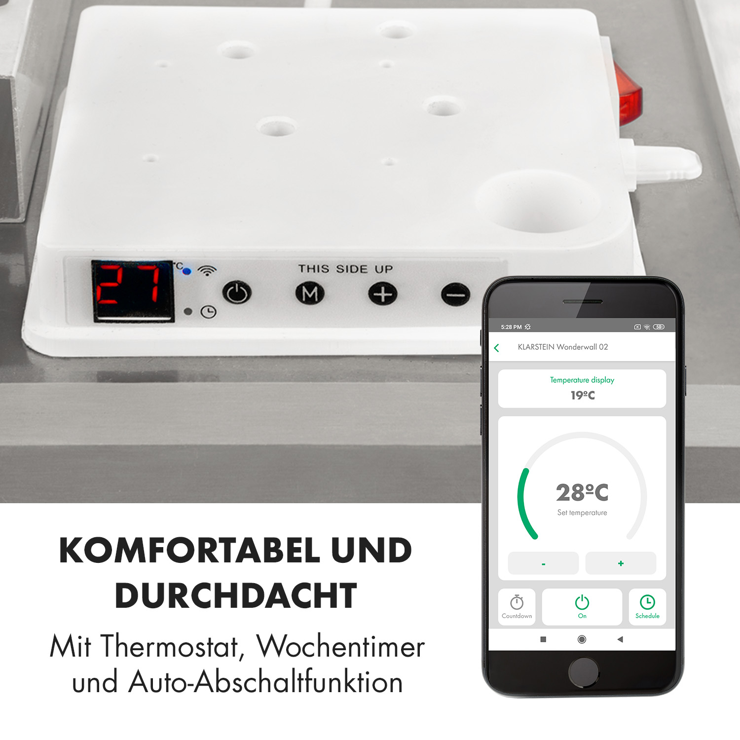 Weißes Gerät mit Anzeige 27. Ein Telefon zeigt eine Temperatur von 19°C und eine Solltemperatur von 28°C.