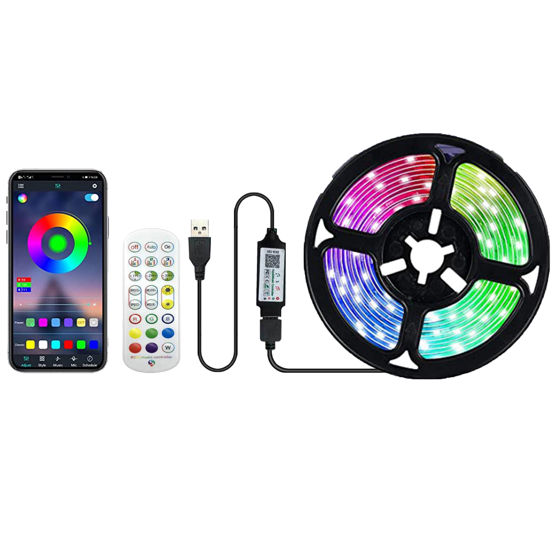 Ein LED-Streifenlicht-Kit mit Telefon, Fernbedienung, USB-Kabel und einer Rolle Lichter. Der Hintergrund ist weiß.