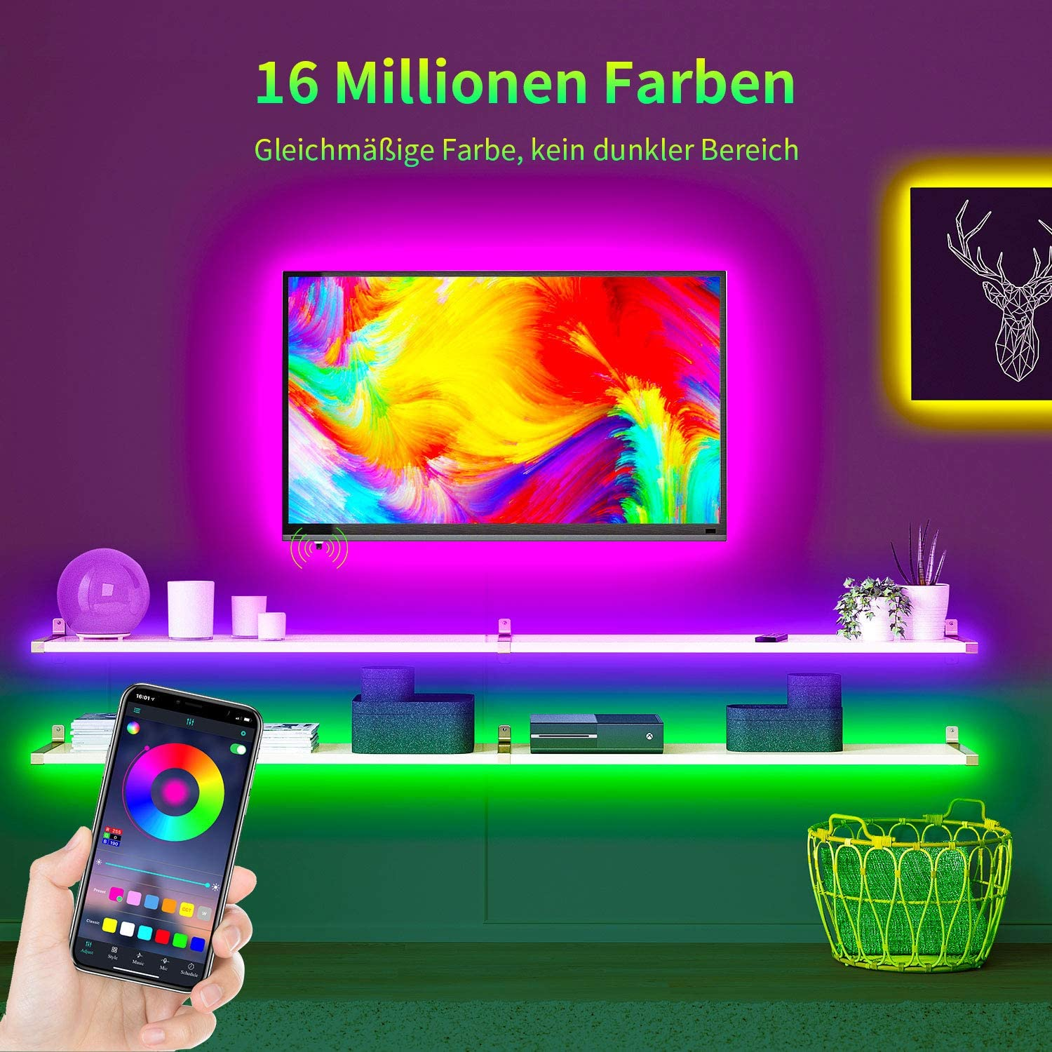 Ein Wohnzimmer-Setup mit Fernseher, farbigen Lichtern und Regalen mit Dekorationen.