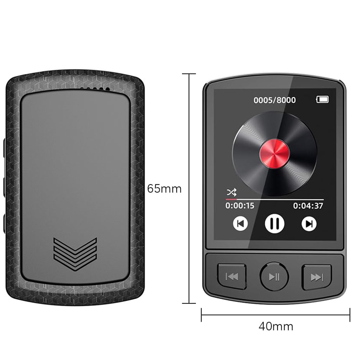 Czarny i szary odtwarzacz MP3 z wymiarami, z okrągłym wyświetlaczem.